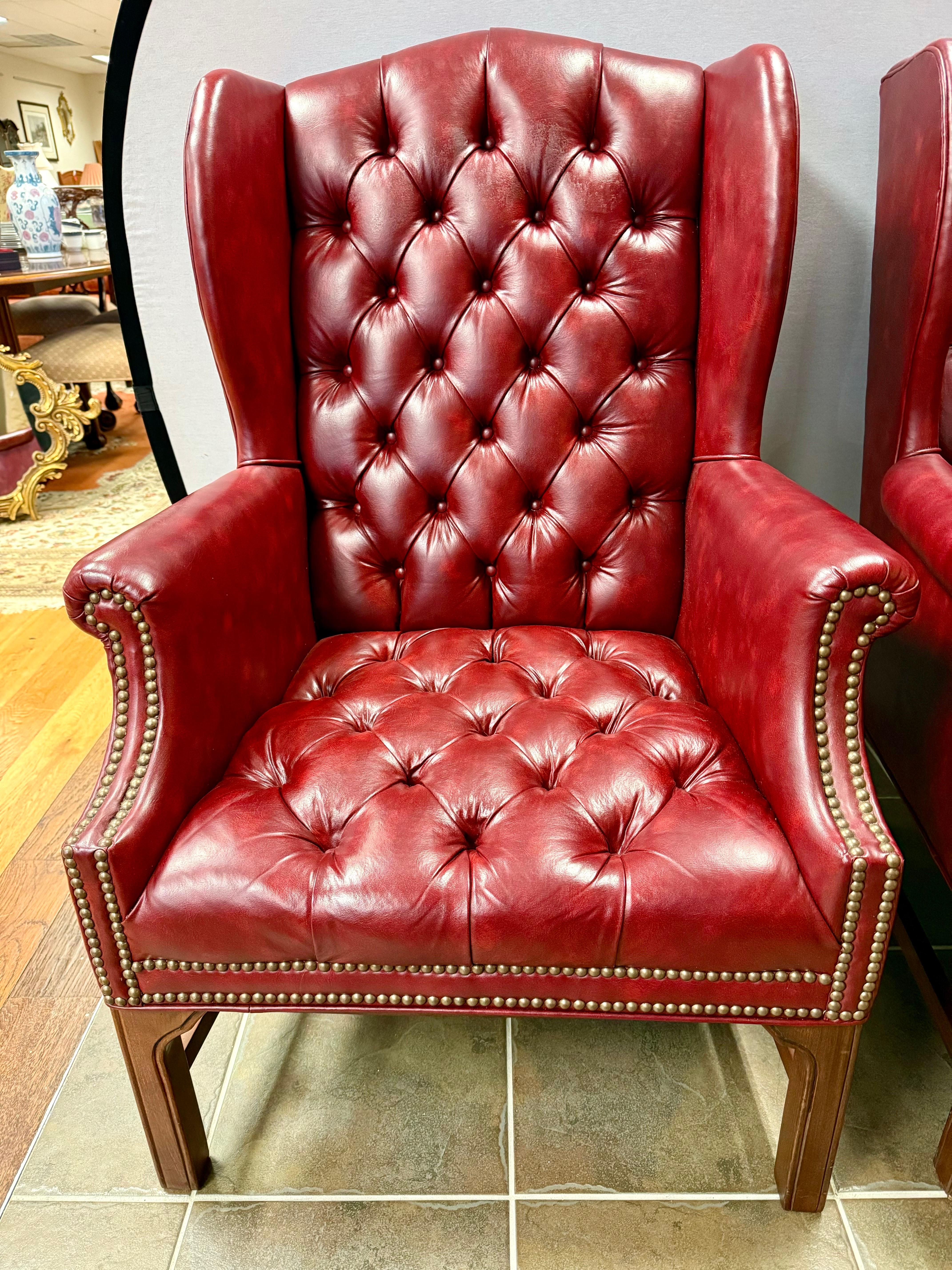 Textile Pair of Burgundy Merlot Chesterfield Naugahyde Nailhead Wingback Chairs
