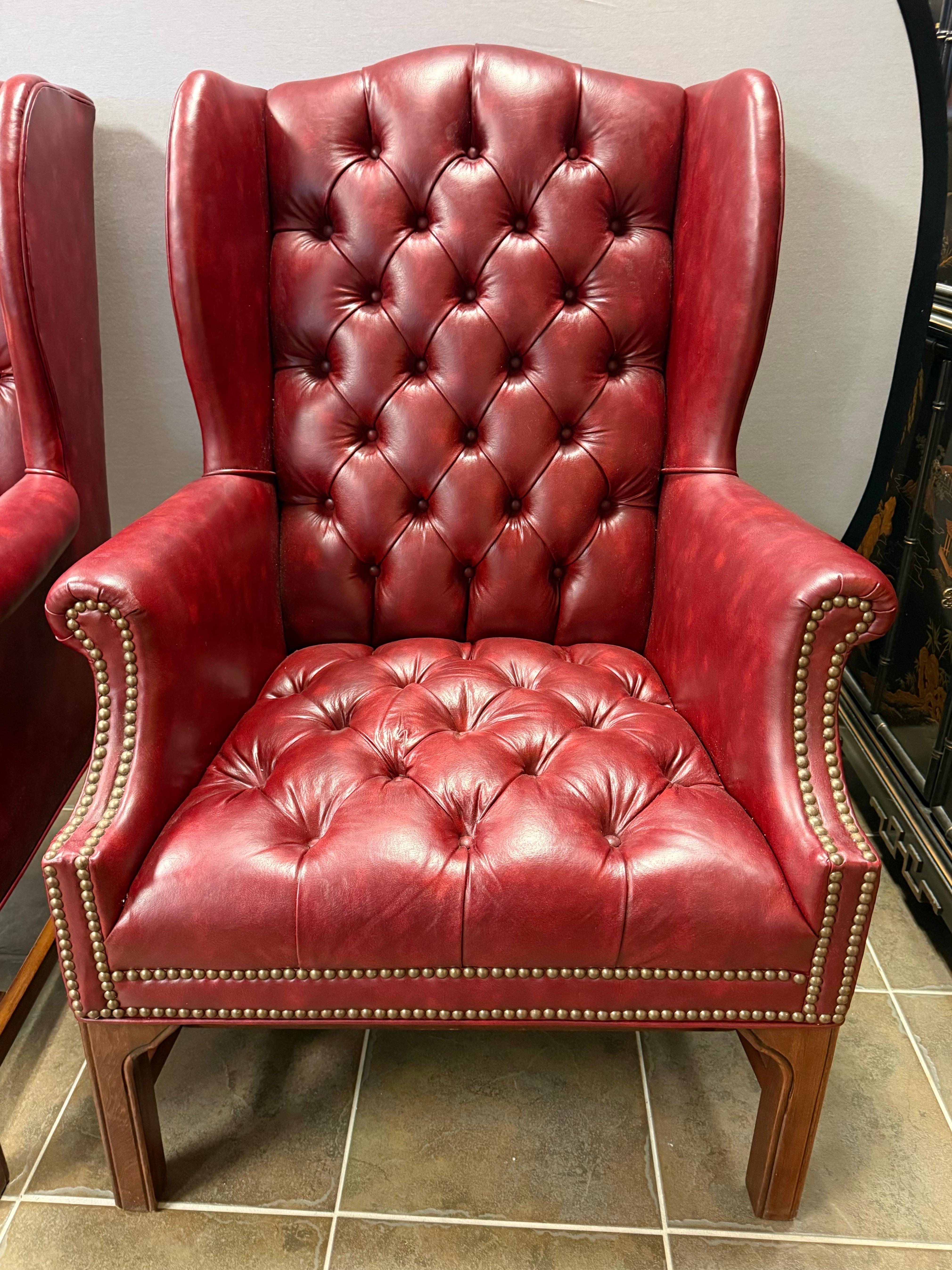 Pair of Burgundy Merlot Chesterfield Naugahyde Nailhead Wingback Chairs 1