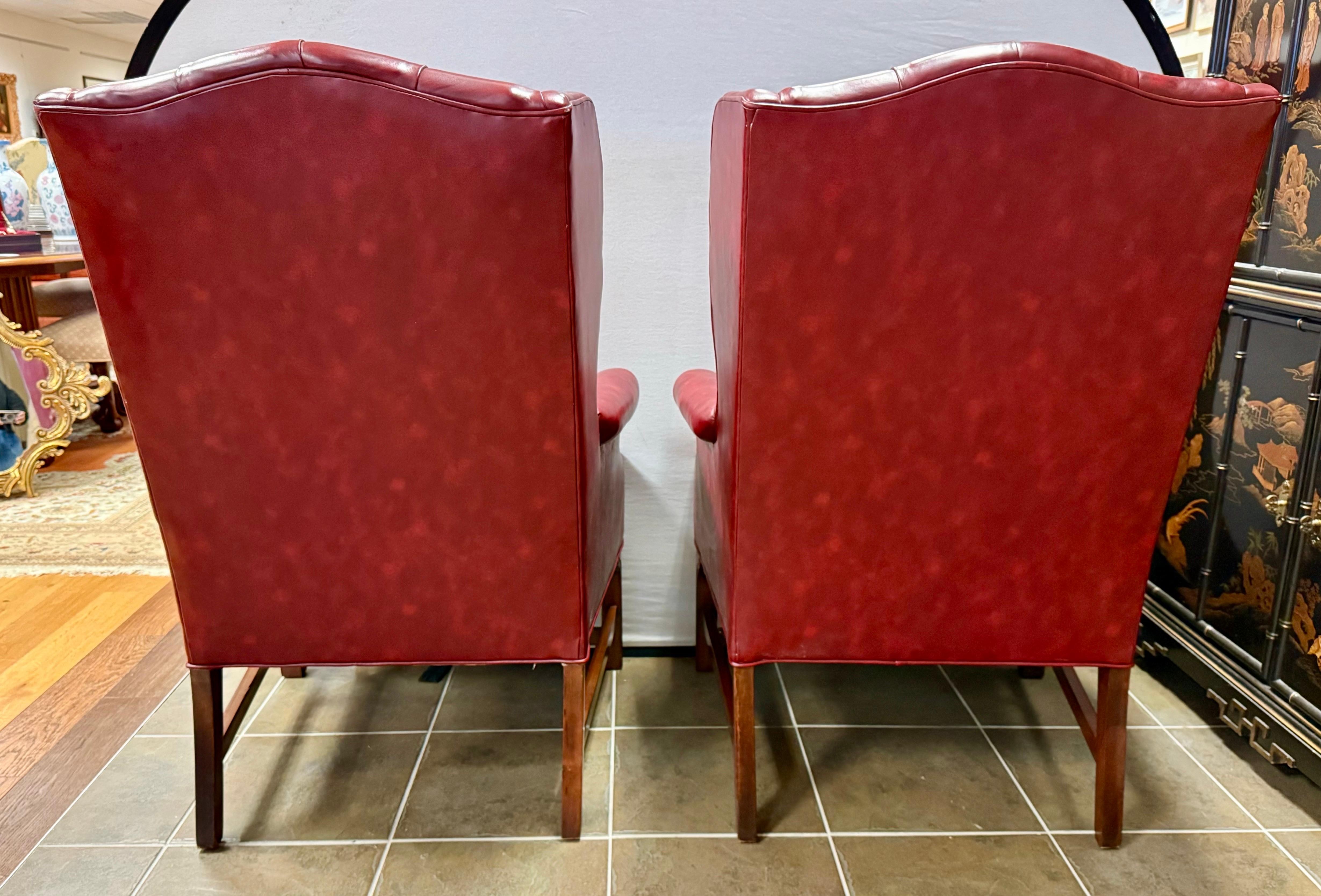 Pair of Burgundy Merlot Chesterfield Naugahyde Nailhead Wingback Chairs 2