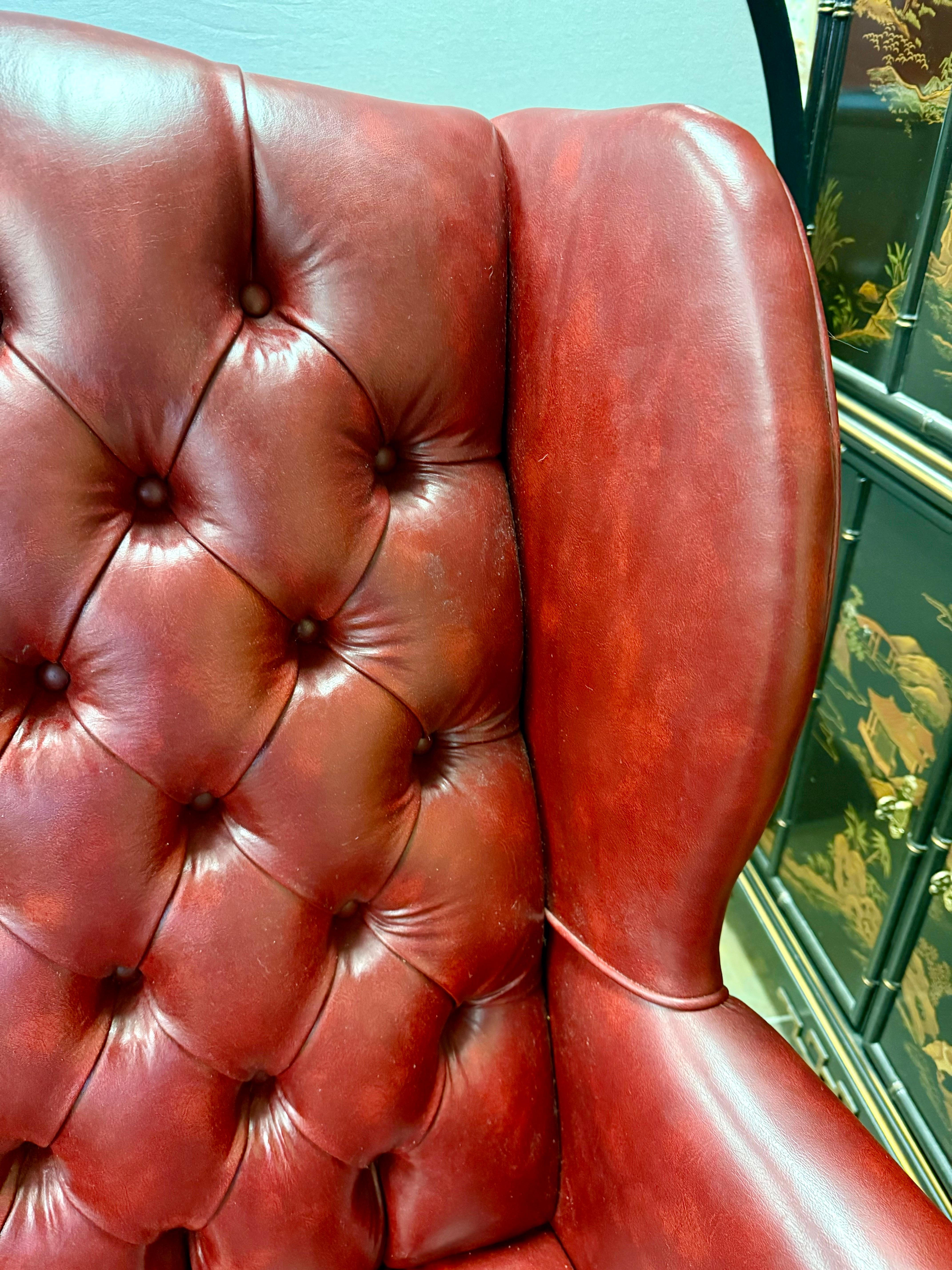 Pair of Burgundy Merlot Chesterfield Naugahyde Nailhead Wingback Chairs 3
