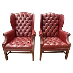 Pair of Burgundy Merlot Chesterfield Naugahyde Nailhead Wingback Chairs