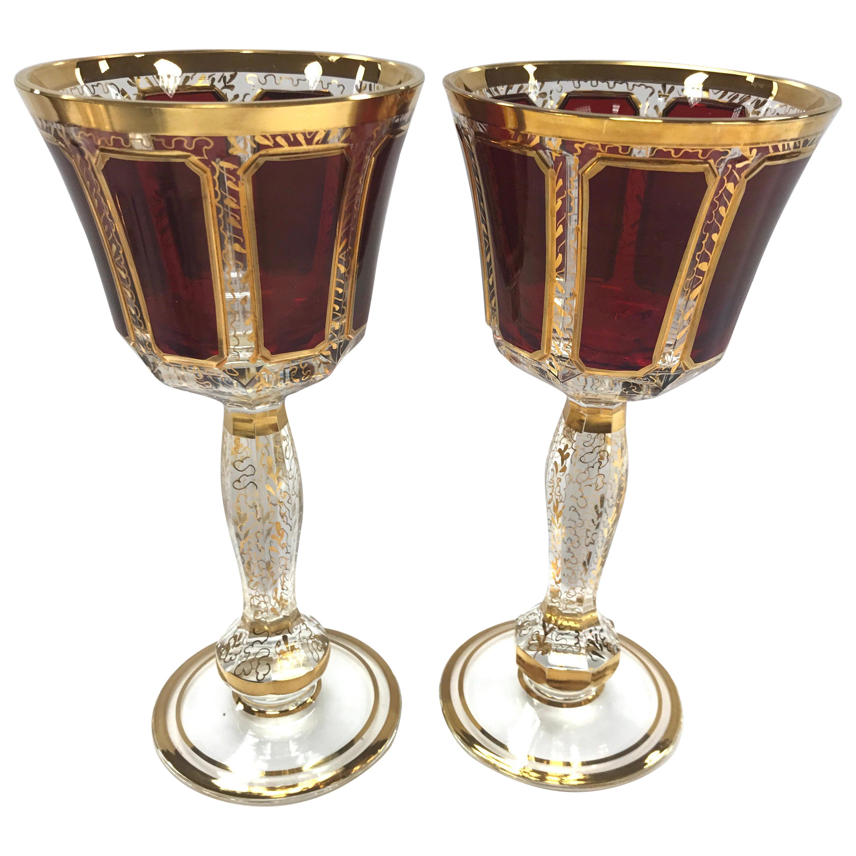 Pair of Burgundy Red and Gold Venetian Wine Glasses