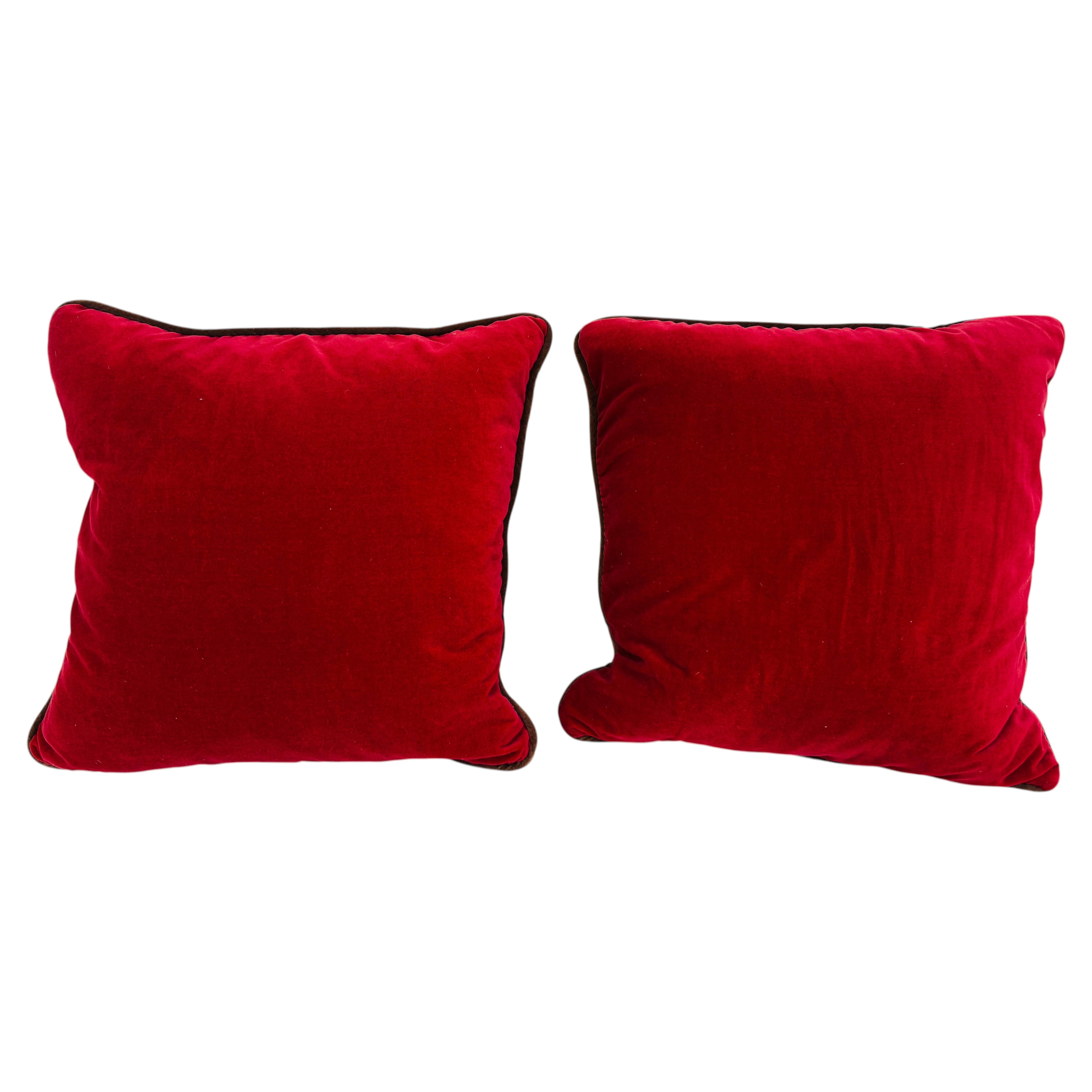 Pair of Burgundy Red Cotton Velvet Throw Pillows with Down Inserts For Sale