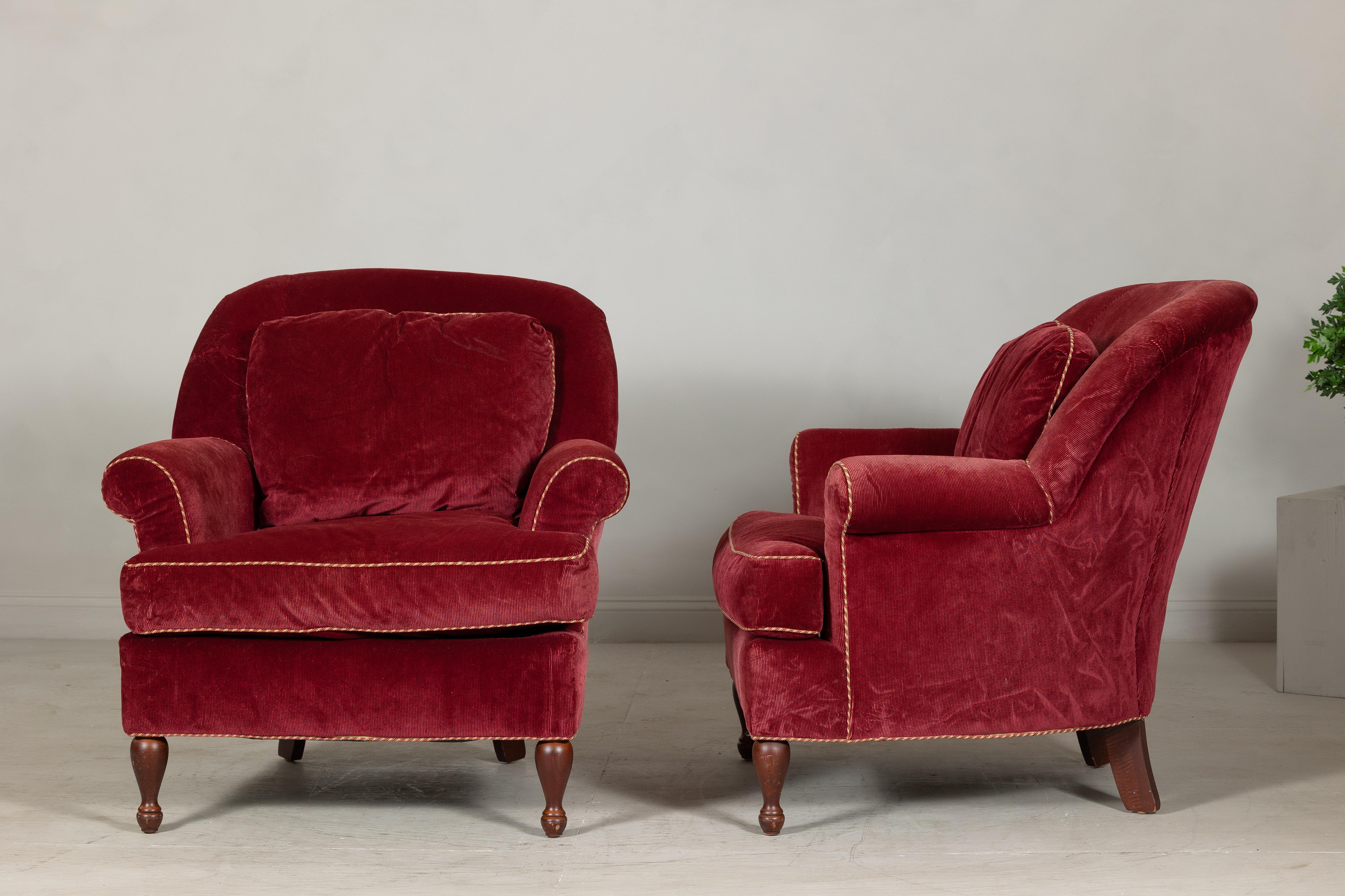 Pair of Burgundy Velvet Club Chairs with Rolled Arms and Turned Legs For Sale 5