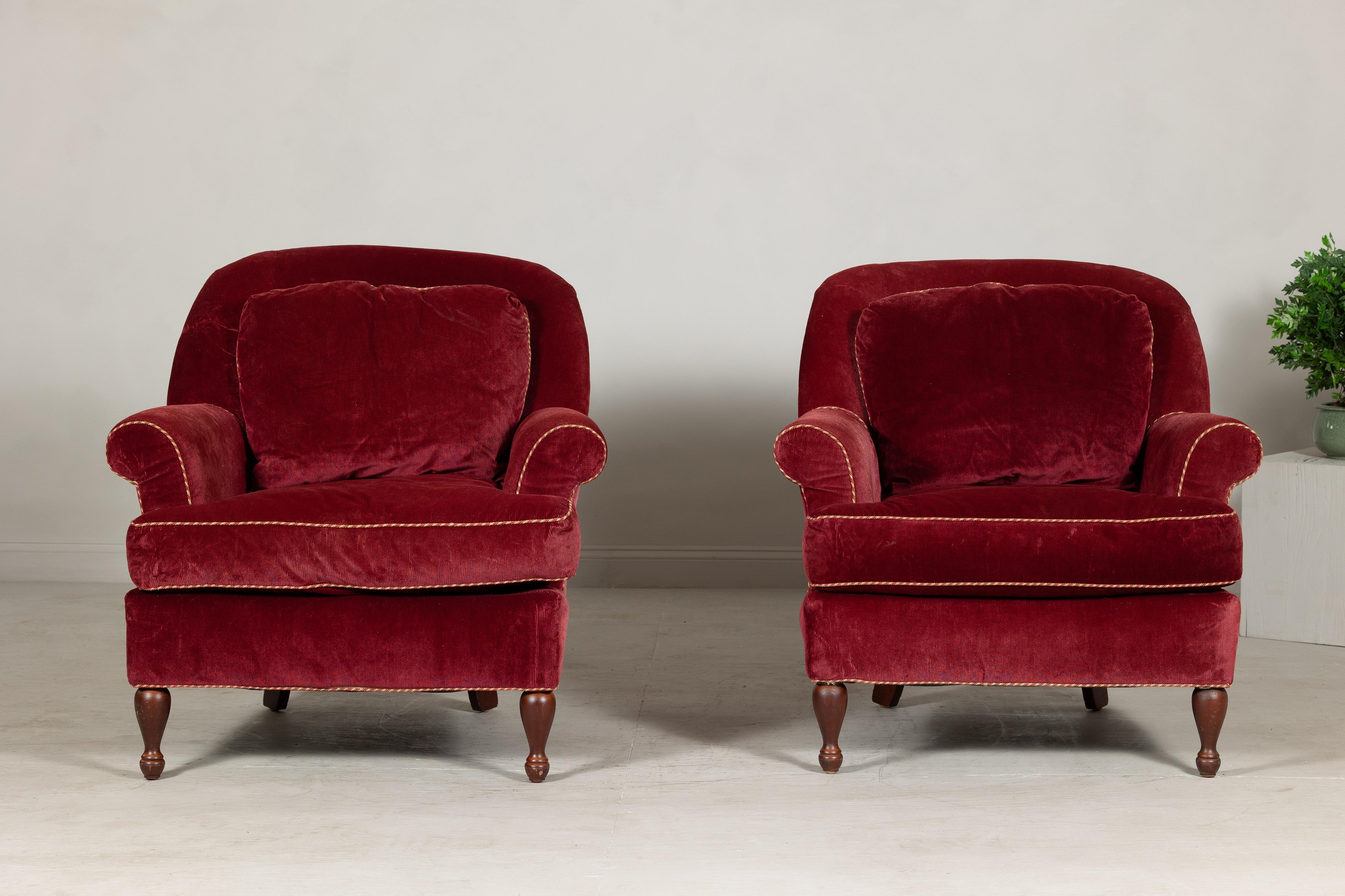 Pair of Burgundy Velvet Club Chairs with Rolled Arms and Turned Legs For Sale 8