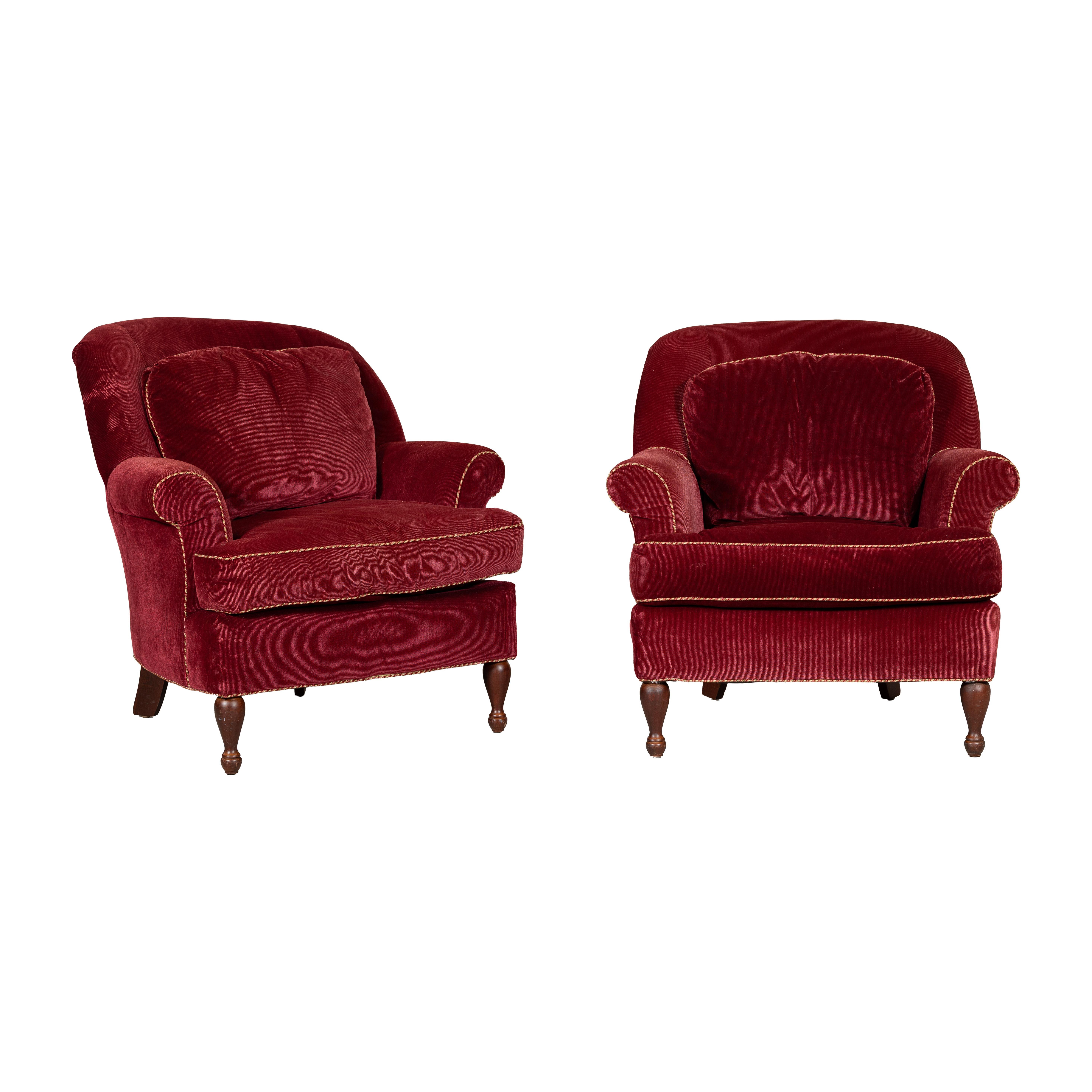 Pair of Burgundy Velvet Club Chairs with Rolled Arms and Turned Legs For Sale 9