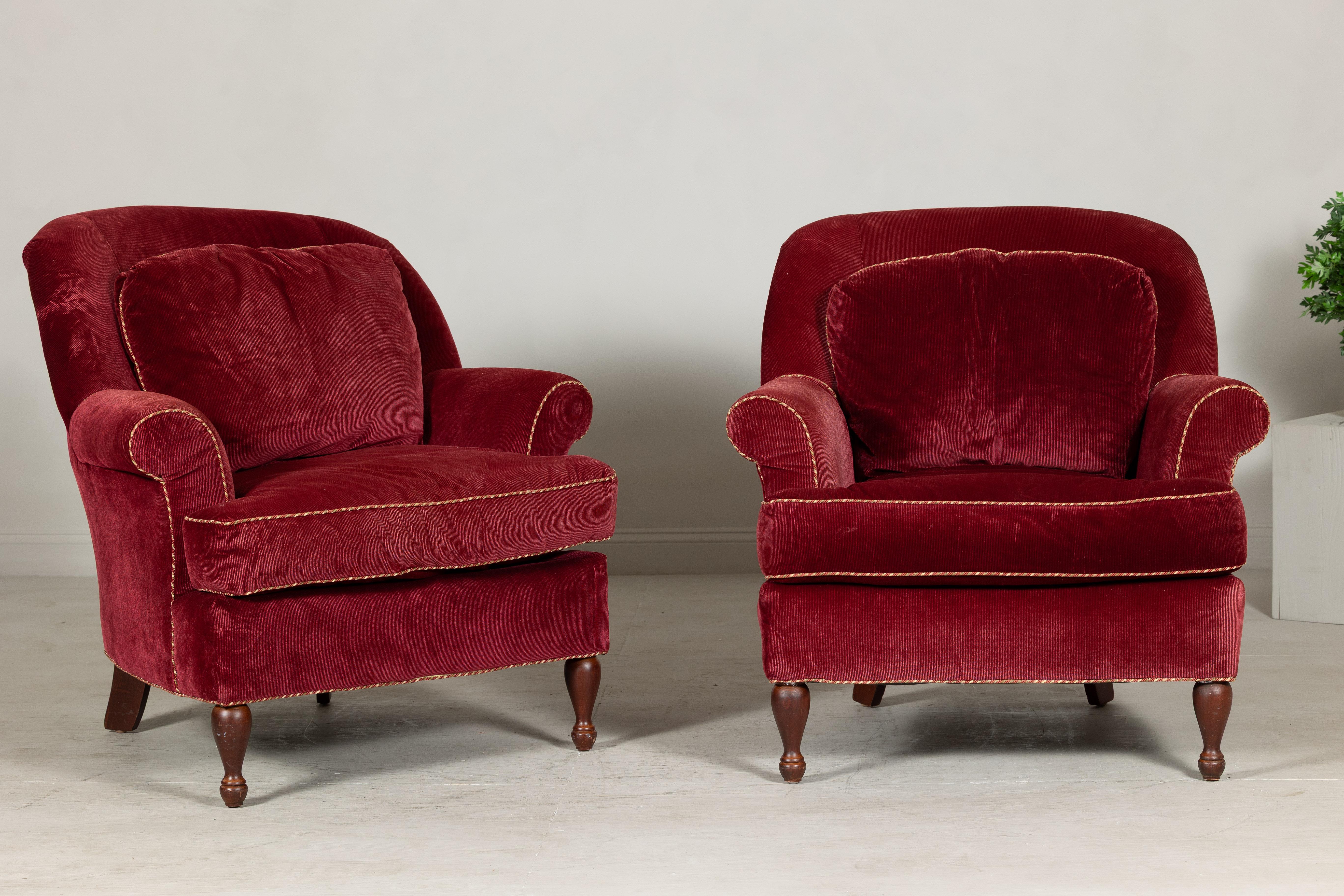 This pair of classic club chairs, upholstered in rich burgundy velvet, brings timeless comfort and refined style to any interior. Produced by Highland House in Hickory, North Carolina for Bloomingdale’s, the chairs reflect high-quality American