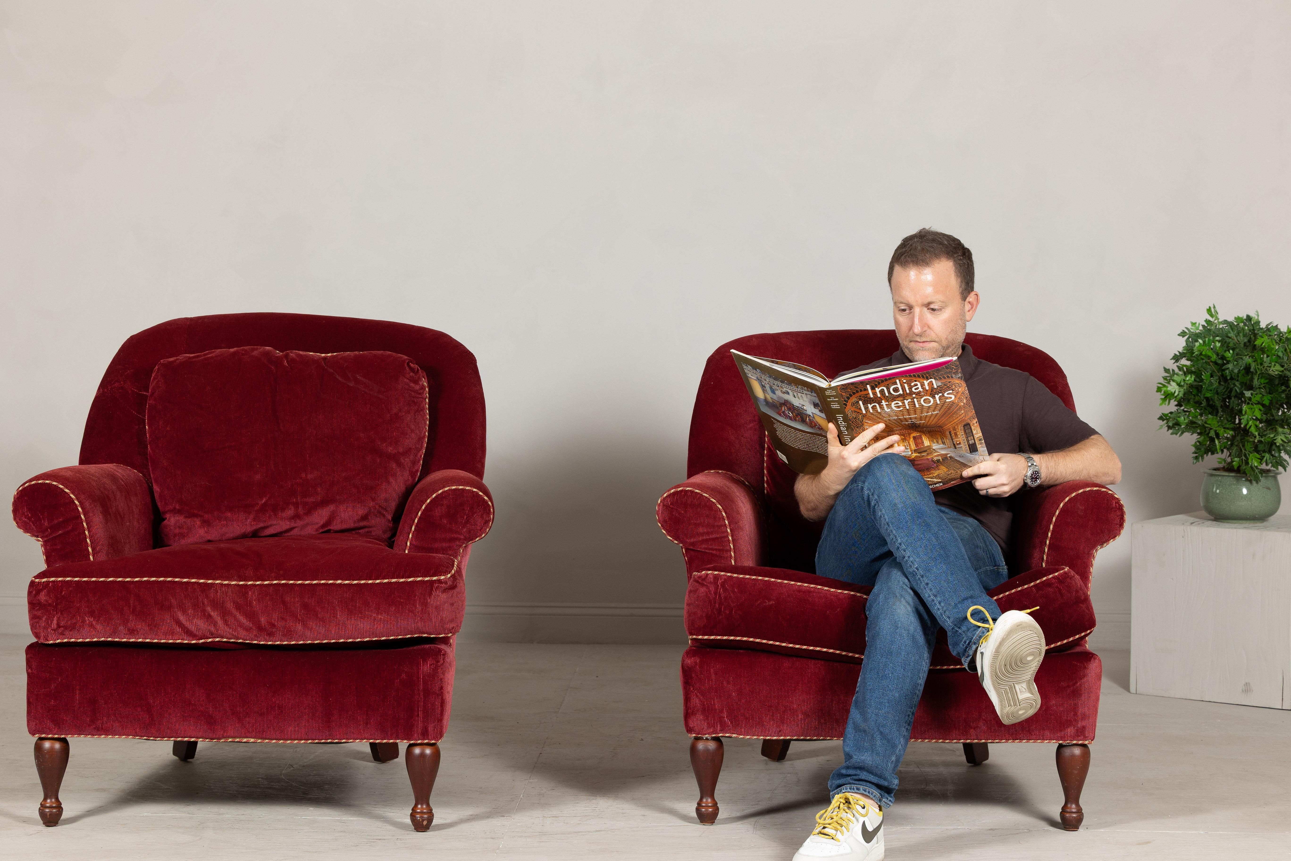 American Pair of Burgundy Velvet Club Chairs with Rolled Arms and Turned Legs For Sale
