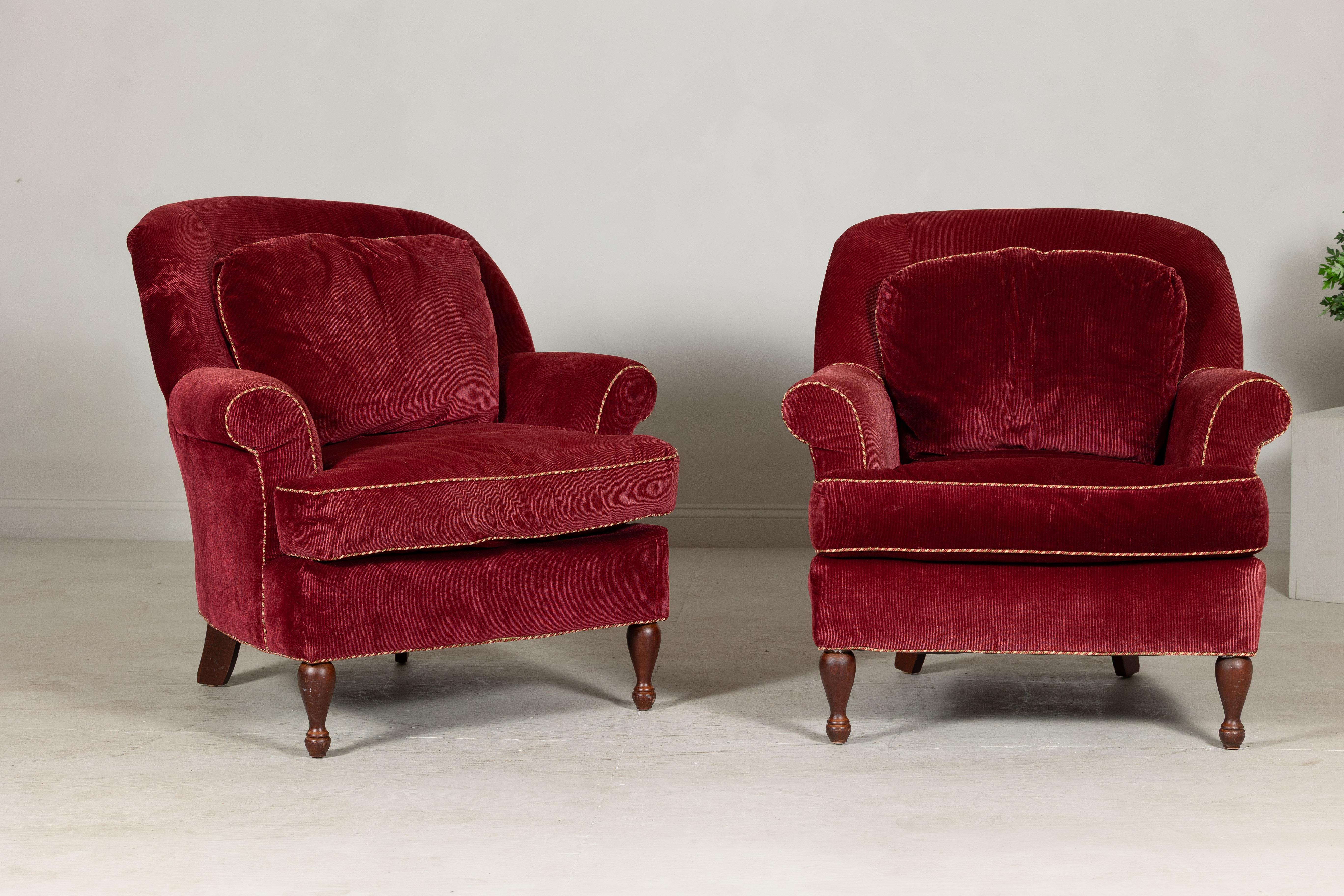 Pair of Burgundy Velvet Club Chairs with Rolled Arms and Turned Legs For Sale 1