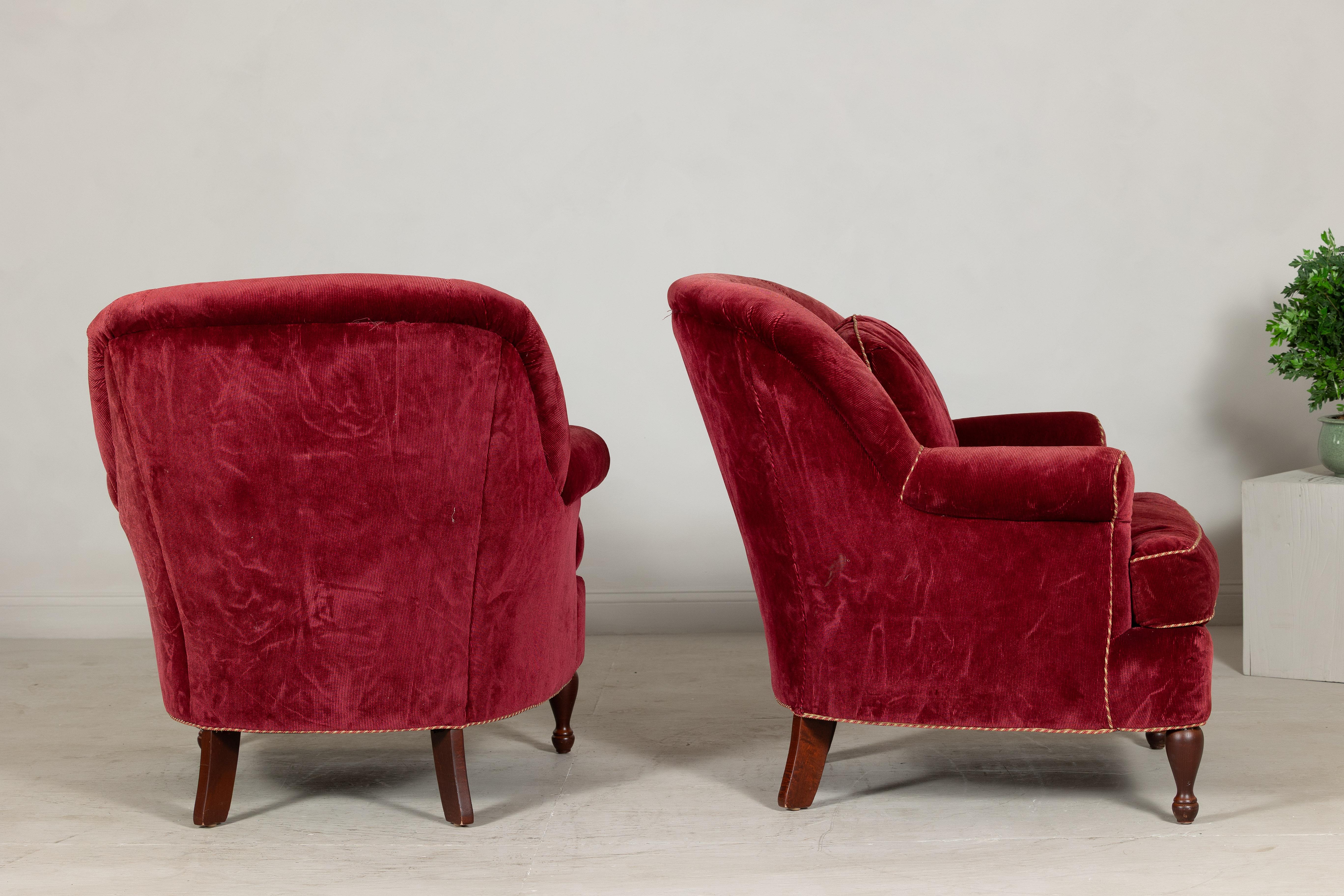 Pair of Burgundy Velvet Club Chairs with Rolled Arms and Turned Legs For Sale 3