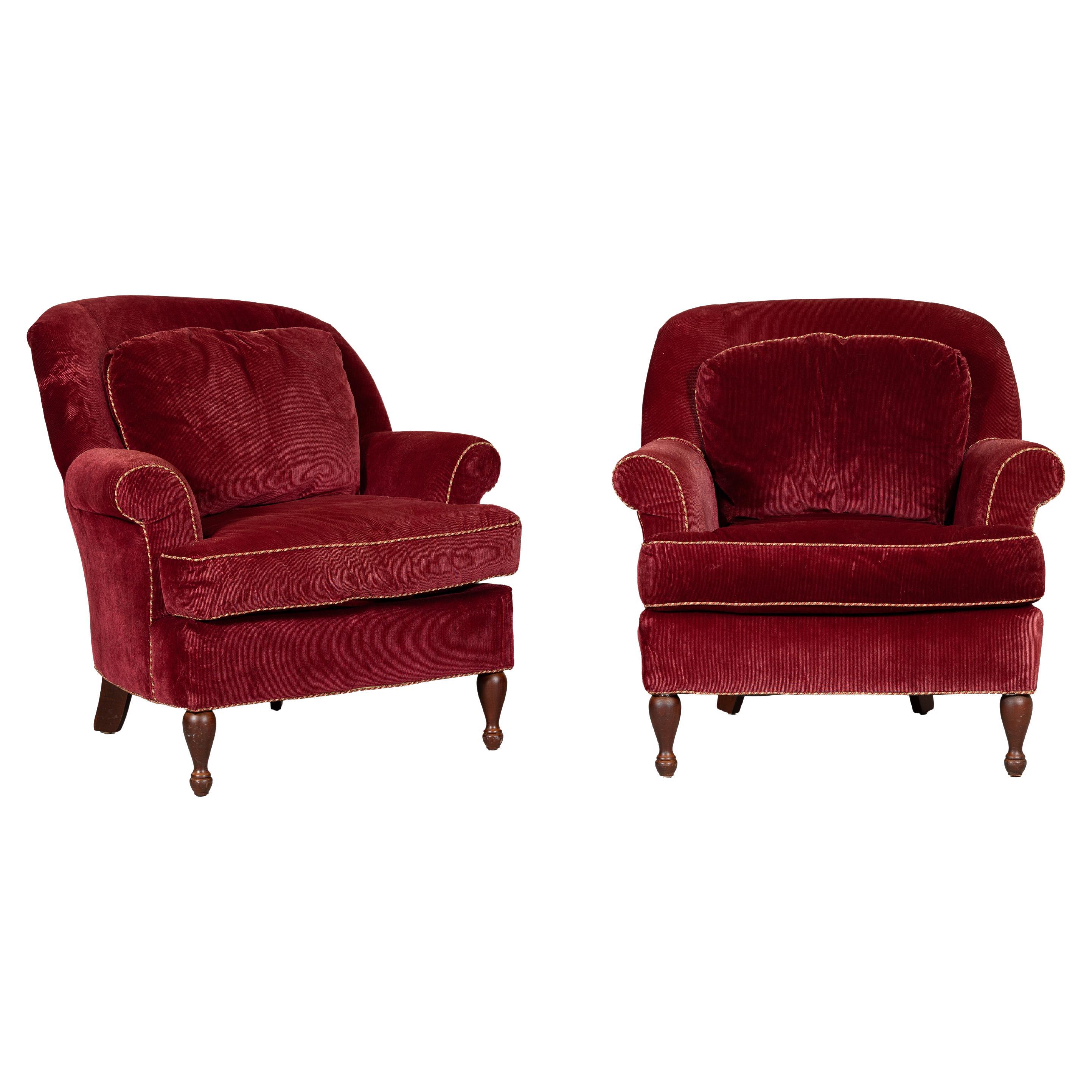 Pair of Burgundy Velvet Club Chairs with Rolled Arms and Turned Legs For Sale