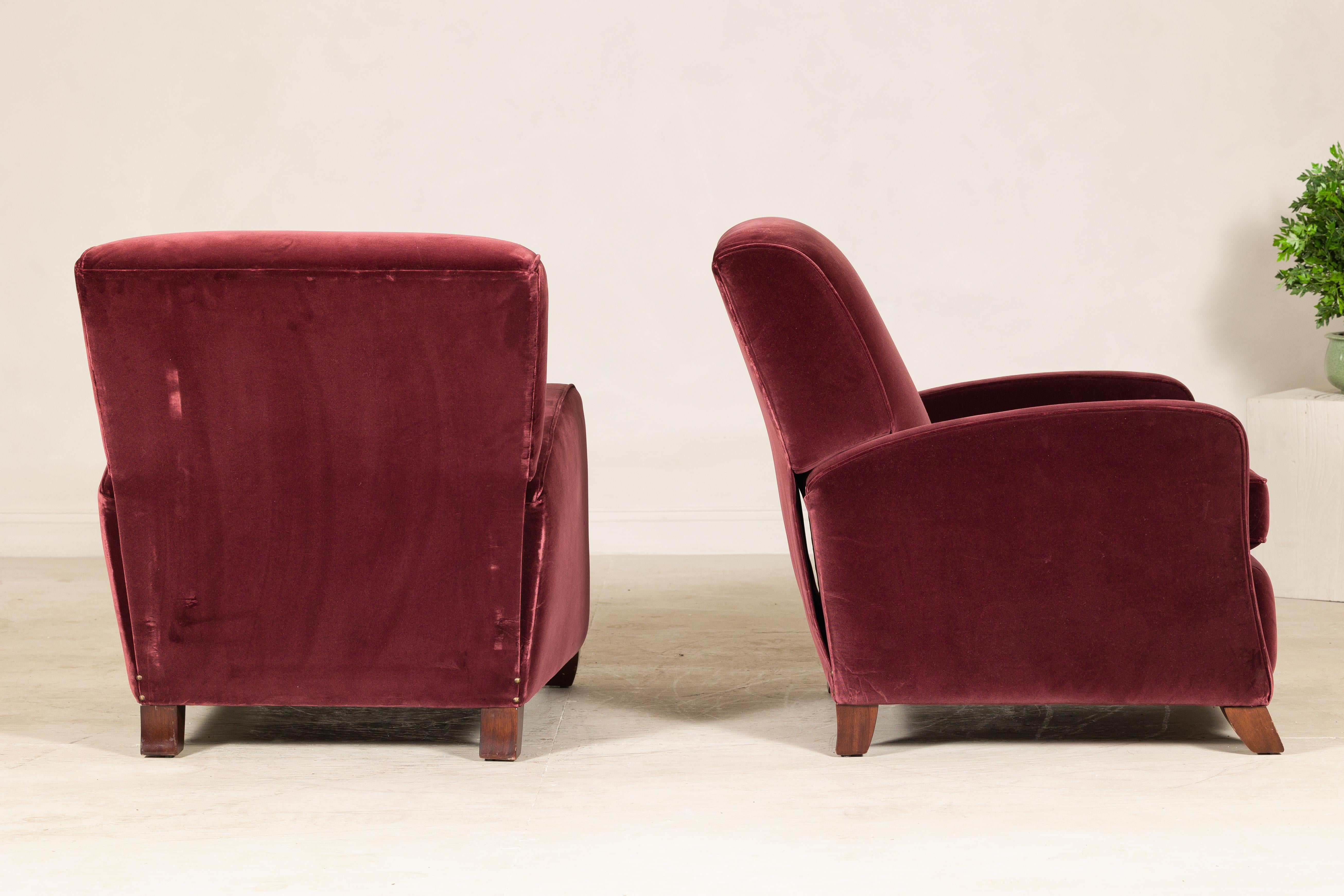 Fabric Pair of Burgundy Velvet Club Reclining Lounge Chairs by BarcaLounger - Vintage For Sale