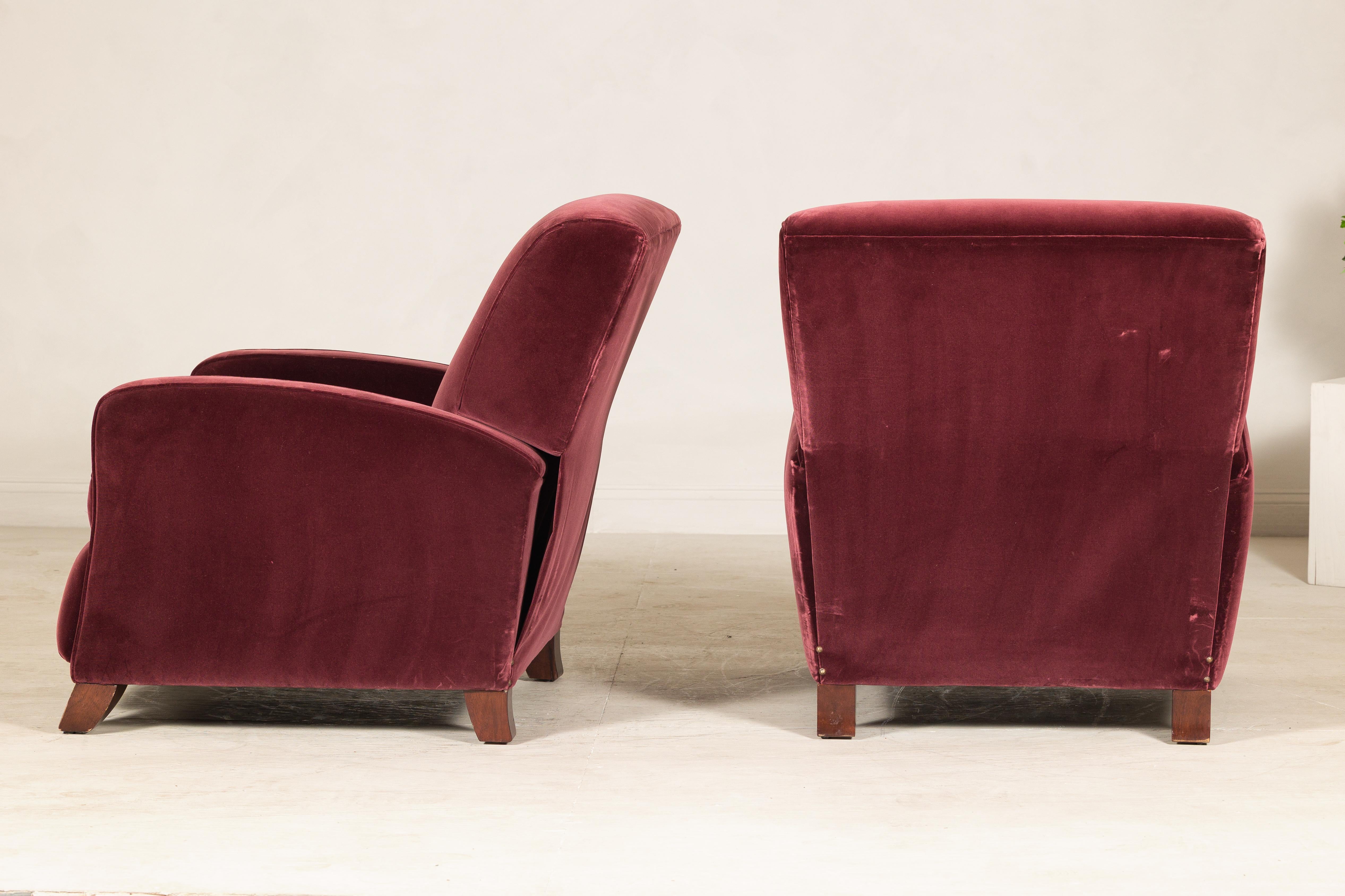 Pair of Burgundy Velvet Club Reclining Lounge Chairs by BarcaLounger - Vintage For Sale 1