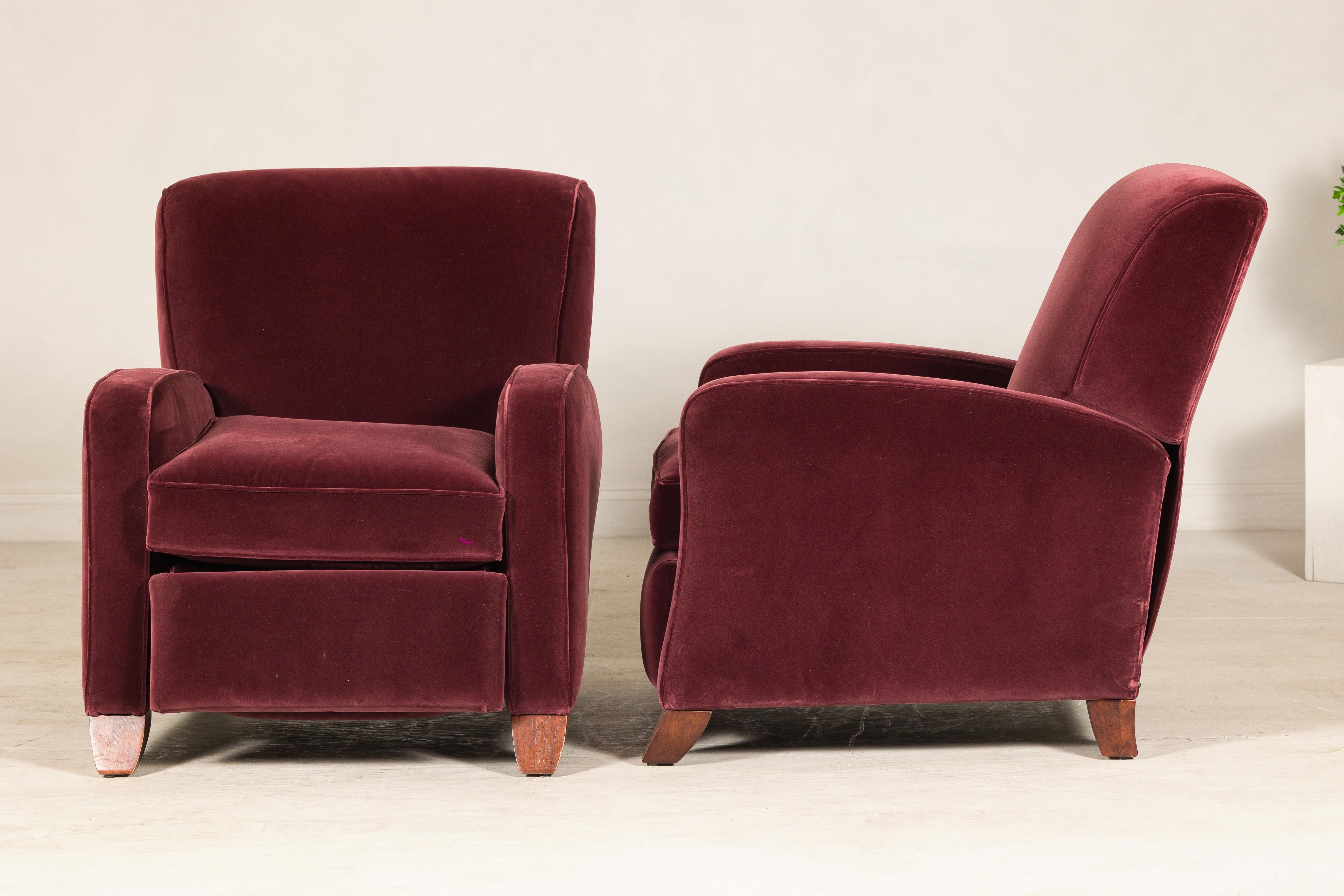 Pair of Burgundy Velvet Club Reclining Lounge Chairs by BarcaLounger - Vintage For Sale 2