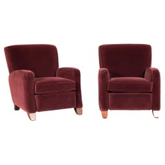 Pair of Burgundy Velvet Club Reclining Lounge Chairs by BarcaLounger - Vintage