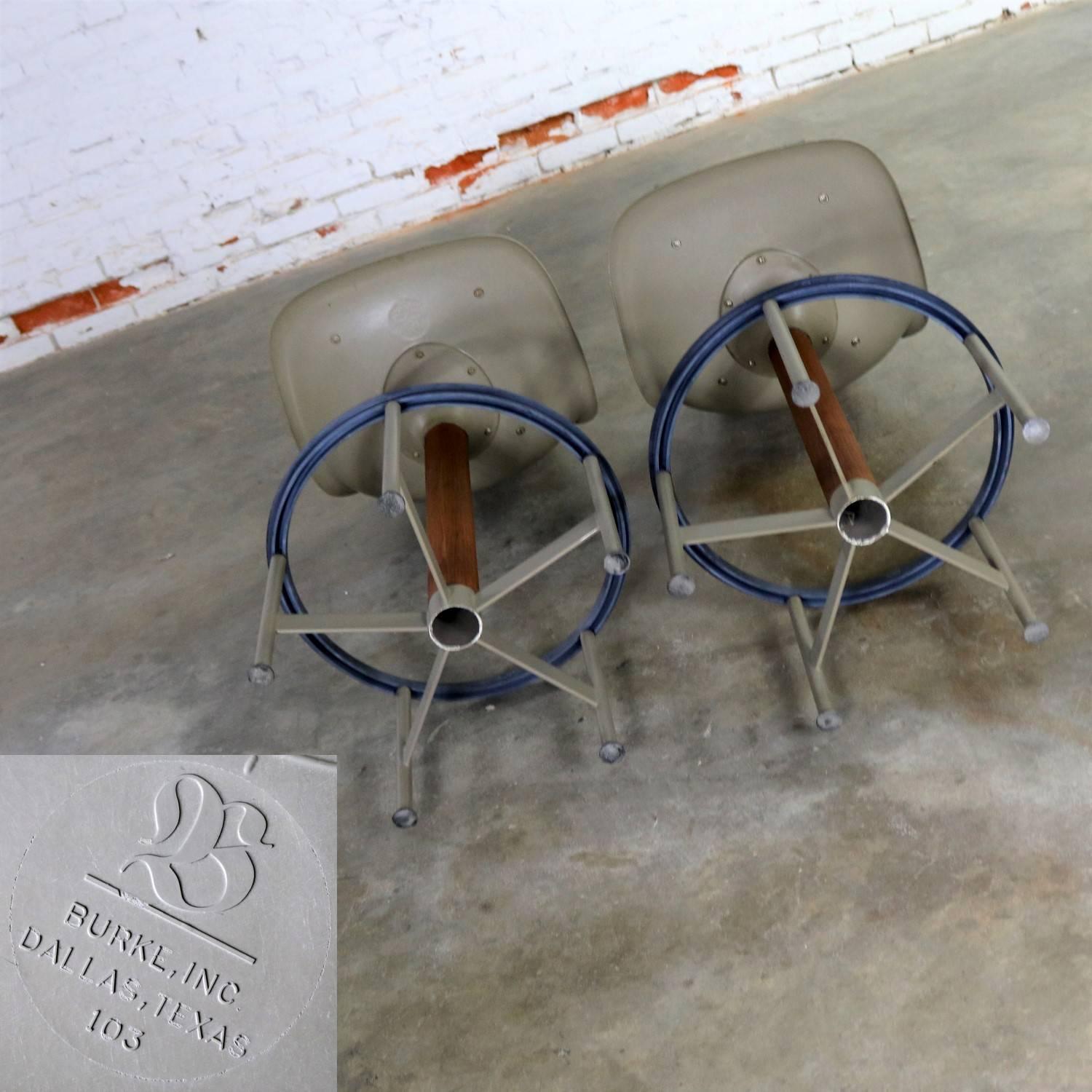Steel Pair of Burke Swivel Bar Stools Mid-Century Modern Fiberglass Shell Fabric Seat