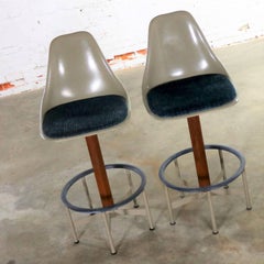 Pair of Burke Swivel Bar Stools Mid-Century Modern Fiberglass Shell Fabric Seat