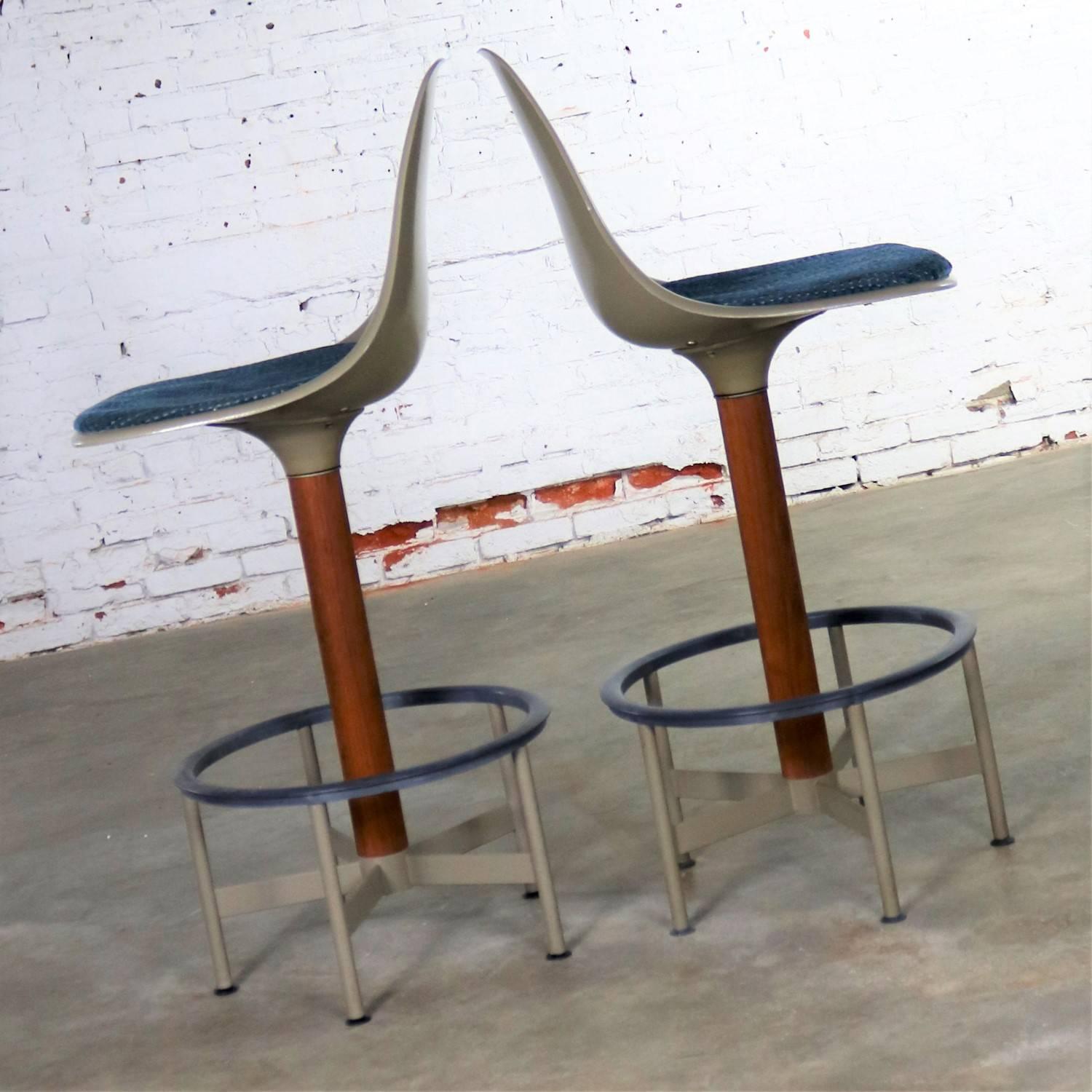 American Pair of Burke Swivel Bar Stools Mid-Century Modern Fiberglass Shell Fabric Seat