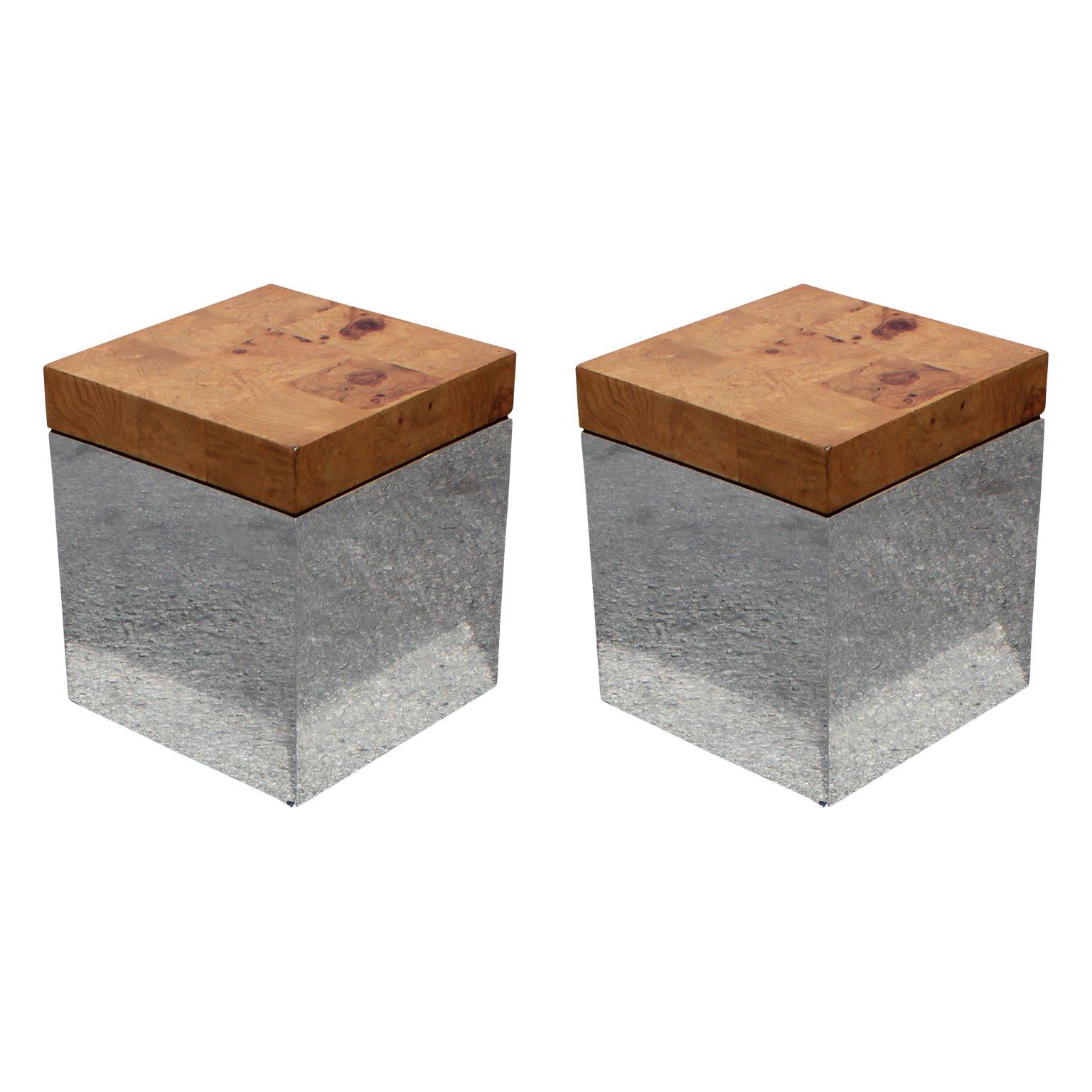 Pair of Burl and Chrome End Tables / Pedestals by Milo Baughman Thayer Coggin