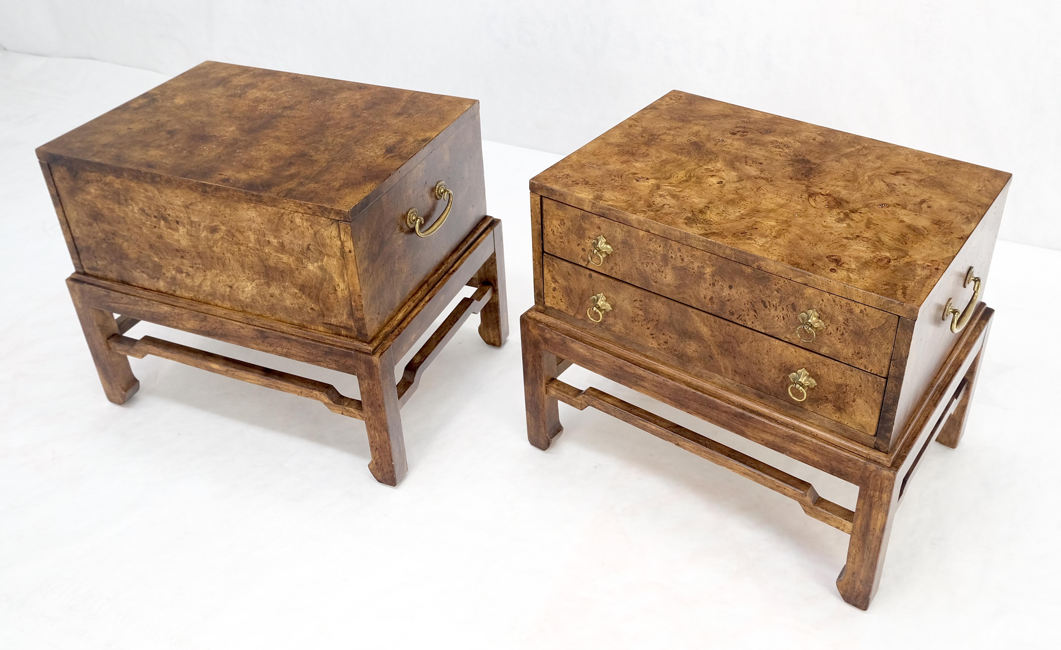 Pair of Burl Asian Campaign Fusion 2 Drawer Night Stands End Table Brass Pulls  For Sale 6