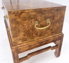 Pair of Burl Asian Campaign Fusion 2 Drawer Night Stands End Table Brass Pulls