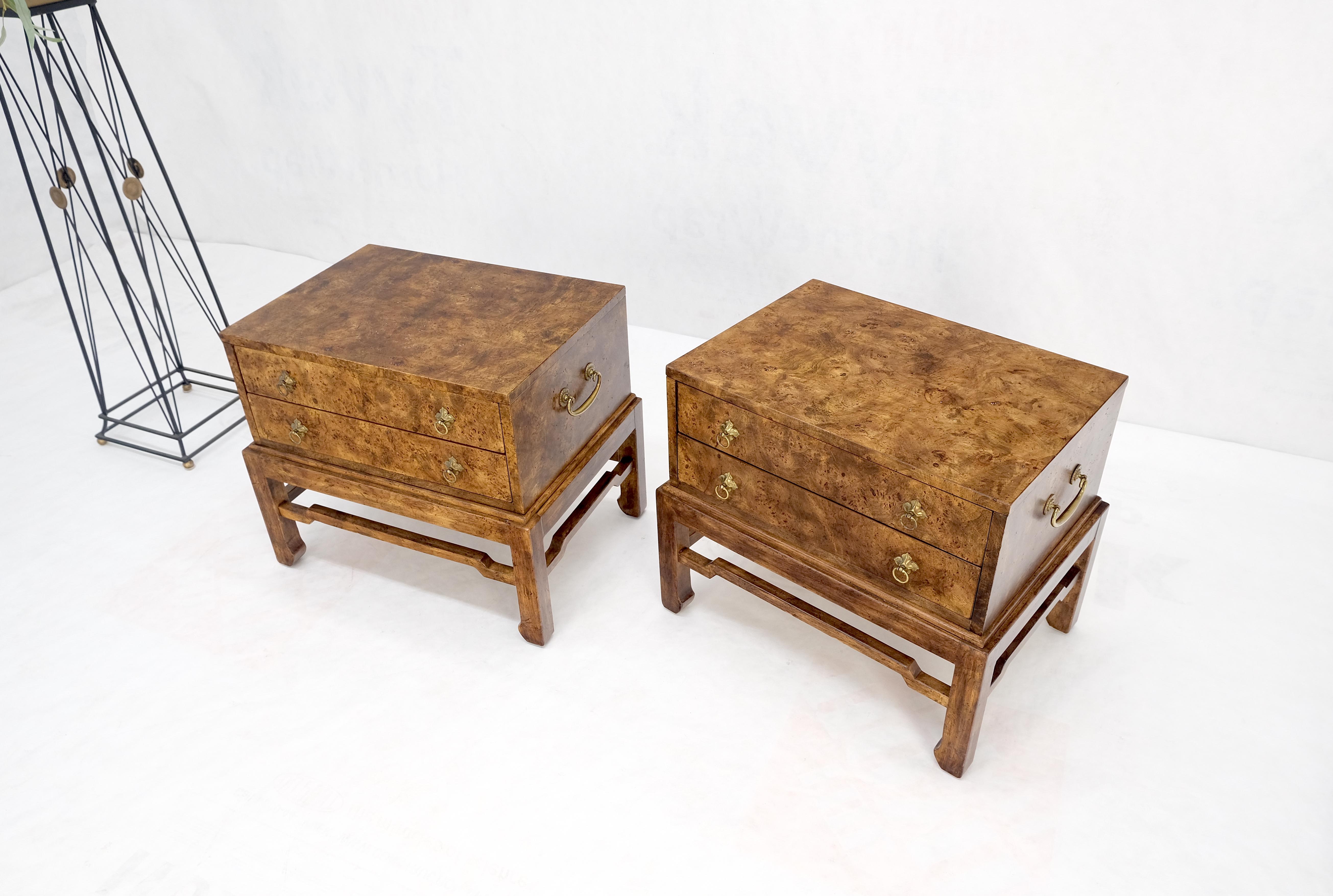 Mid-Century Modern Pair of Burl Asian Campaign Fusion 2 Drawer Night Stands End Table Brass Pulls  For Sale