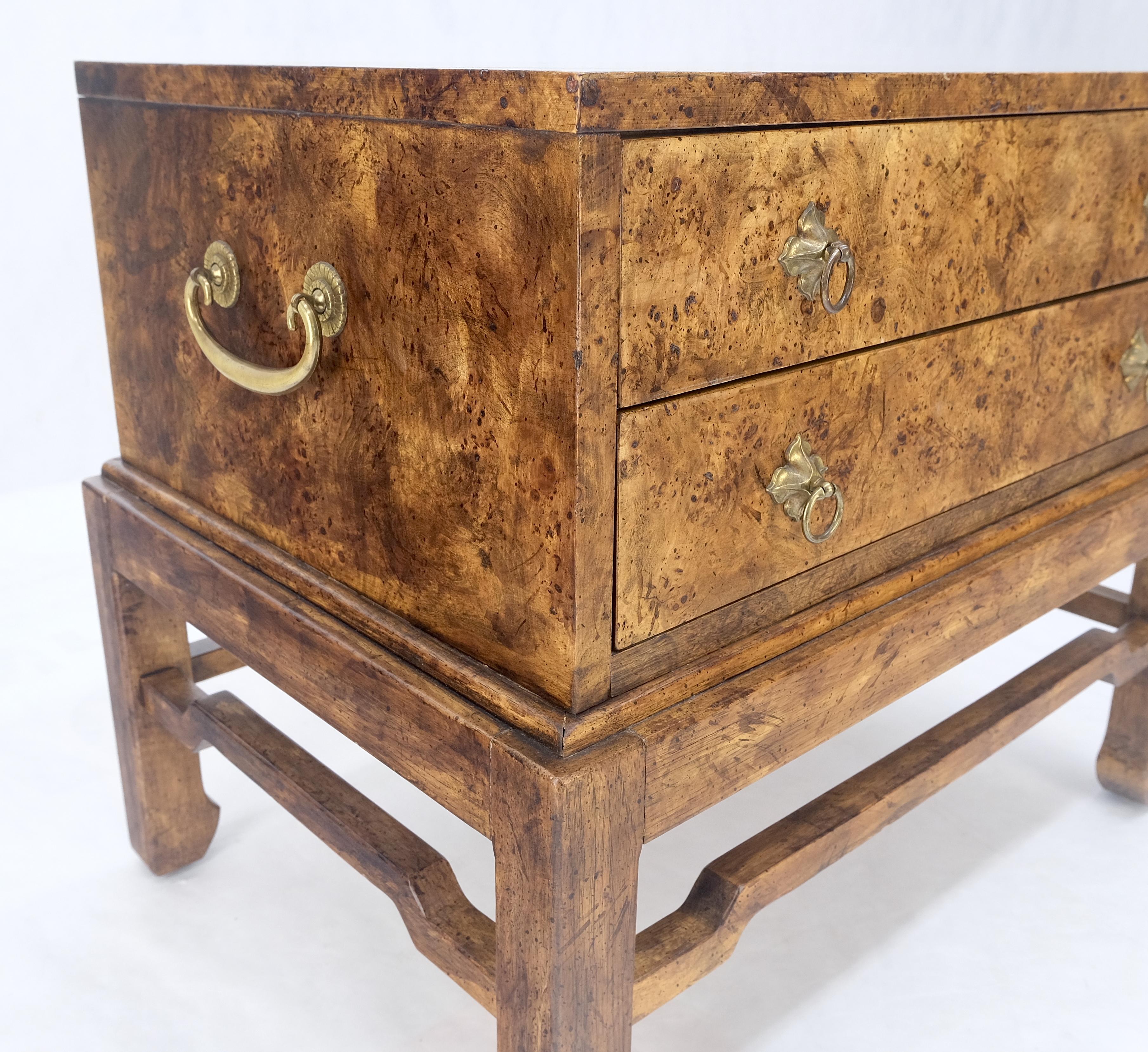 Pair of Burl Asian Campaign Fusion 2 Drawer Night Stands End Table Brass Pulls  In Excellent Condition For Sale In Rockaway, NJ