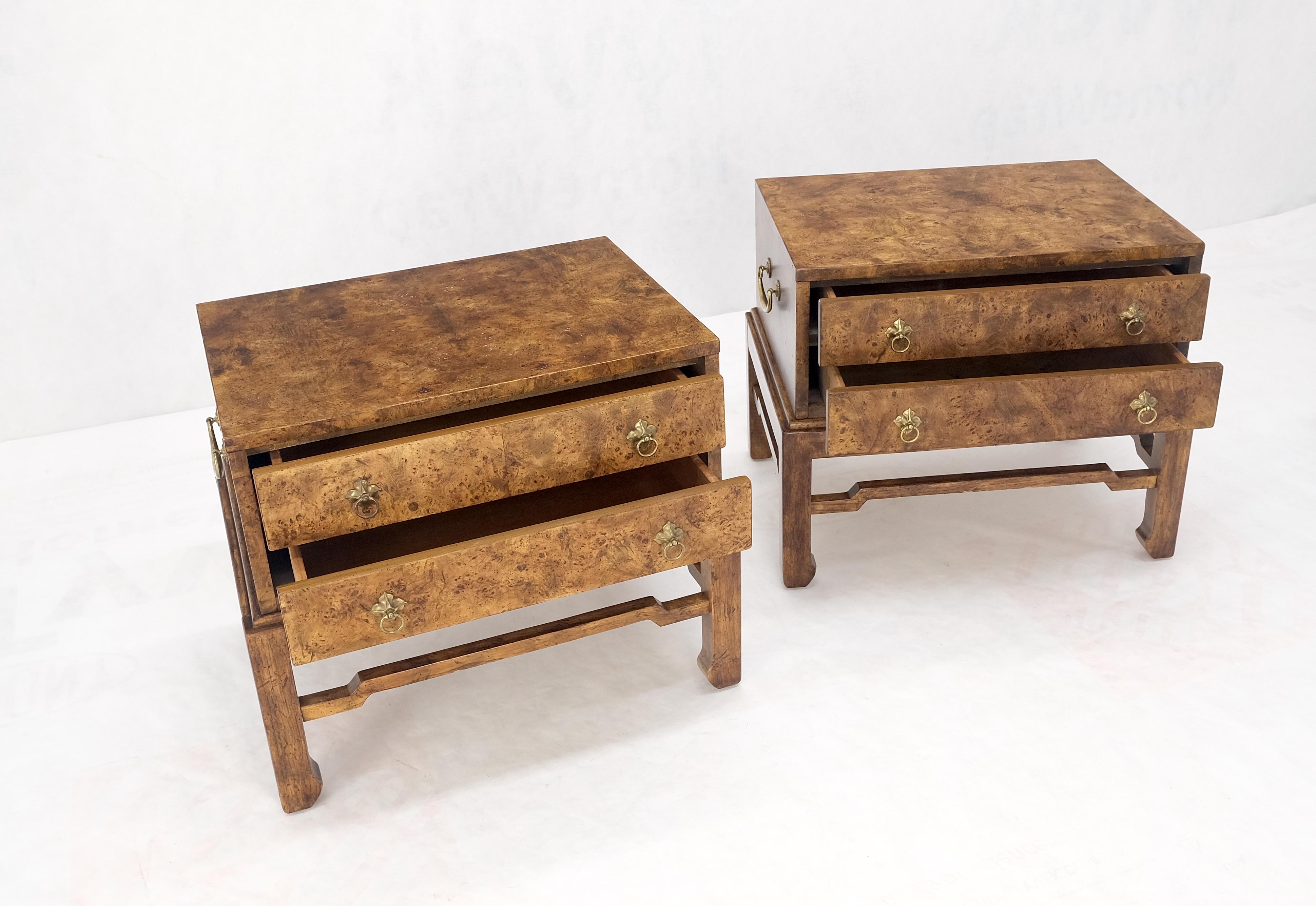 20th Century Pair of Burl Asian Campaign Fusion 2 Drawer Night Stands End Table Brass Pulls  For Sale