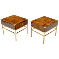 Pair of Burl & Brass Mid-Century Modern End Tables Stands Campaign Style