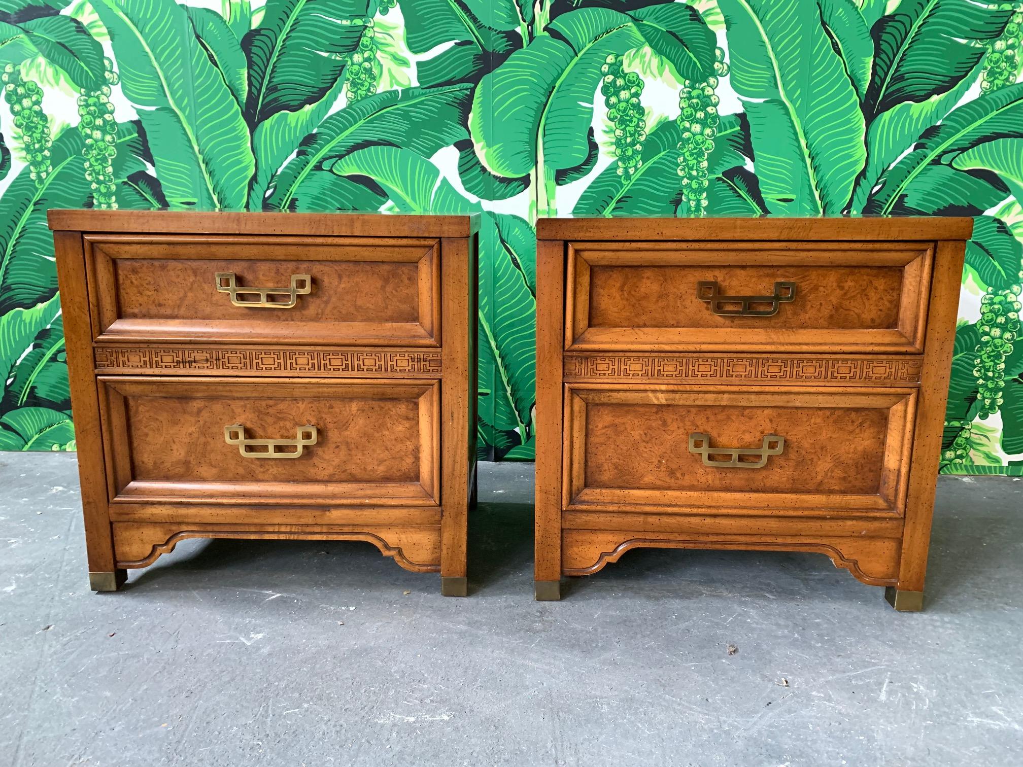 Pair of night stands by Henry Link from the Mandarin collection feature burl drawer faces and brass hardware. Very good vintage condition with only very minor signs of age appropriate wear. Matching dresser and bed also available on our other