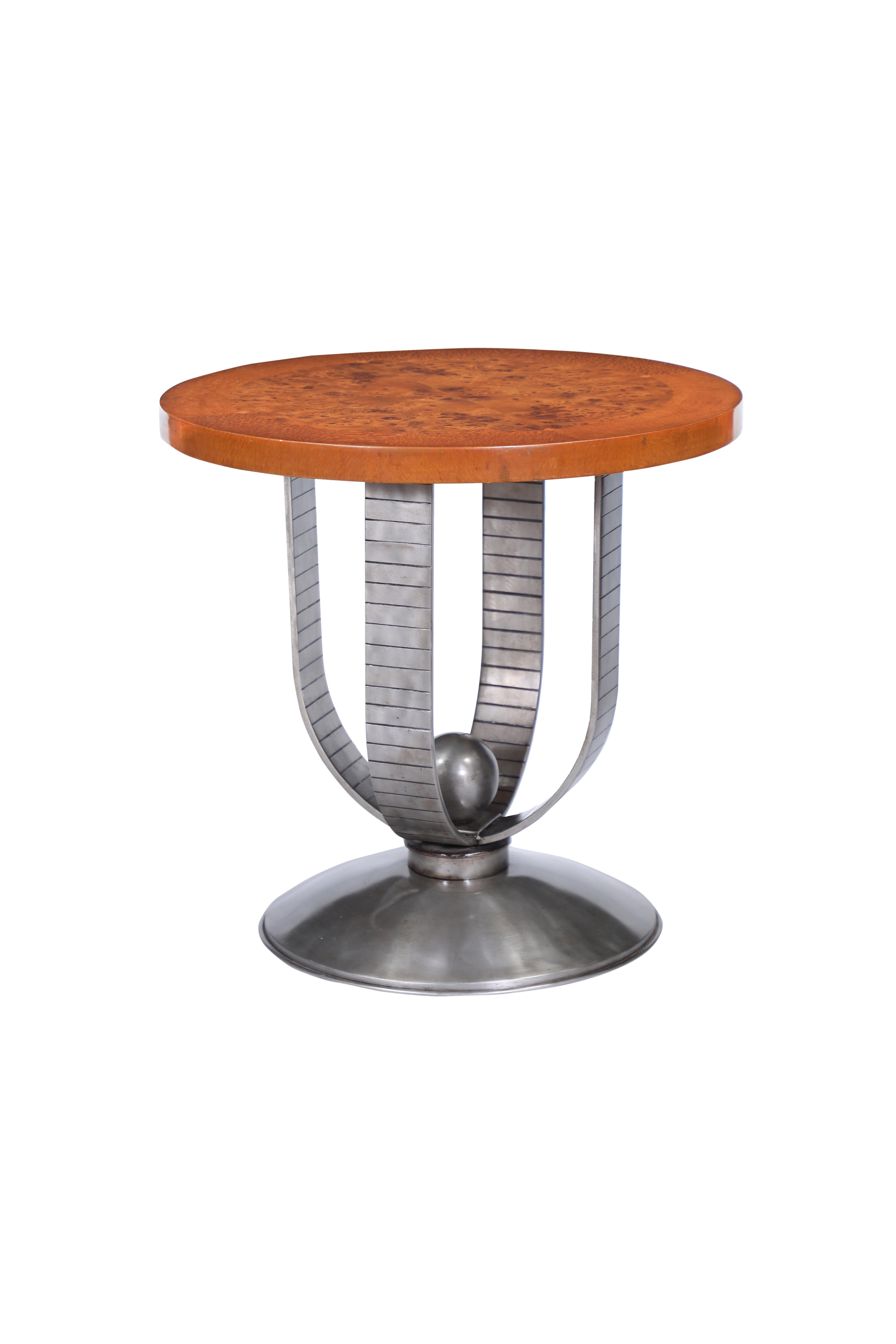 Finely crafted pair of Mid-Century Modern side tables featuring a double U-shaped chrome pedestal base.  The base has a linear embossed design both on the inside and outside with a ball center.  The top is an exquisite burl maple and when you look