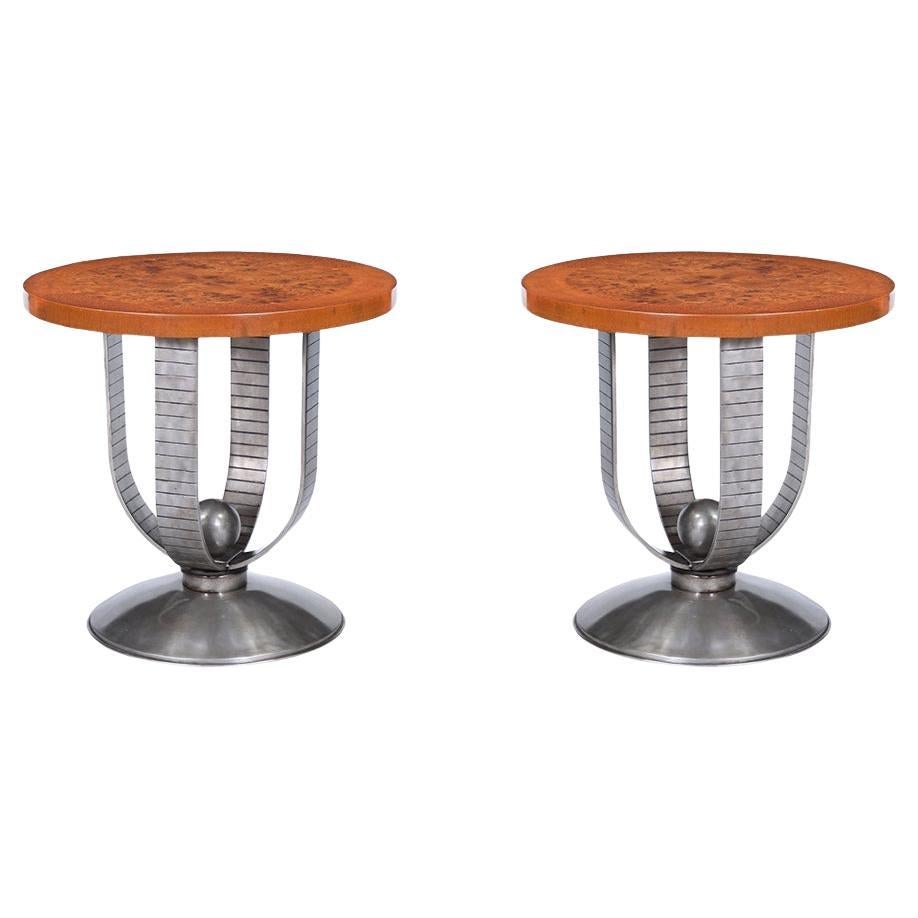 Pair of Burl Wood and Chrome Side Tables, Mid-Century Modern For Sale