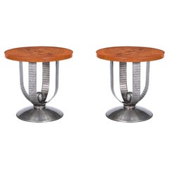 Pair of Burl Wood and Chrome Side Tables, Mid-Century Modern
