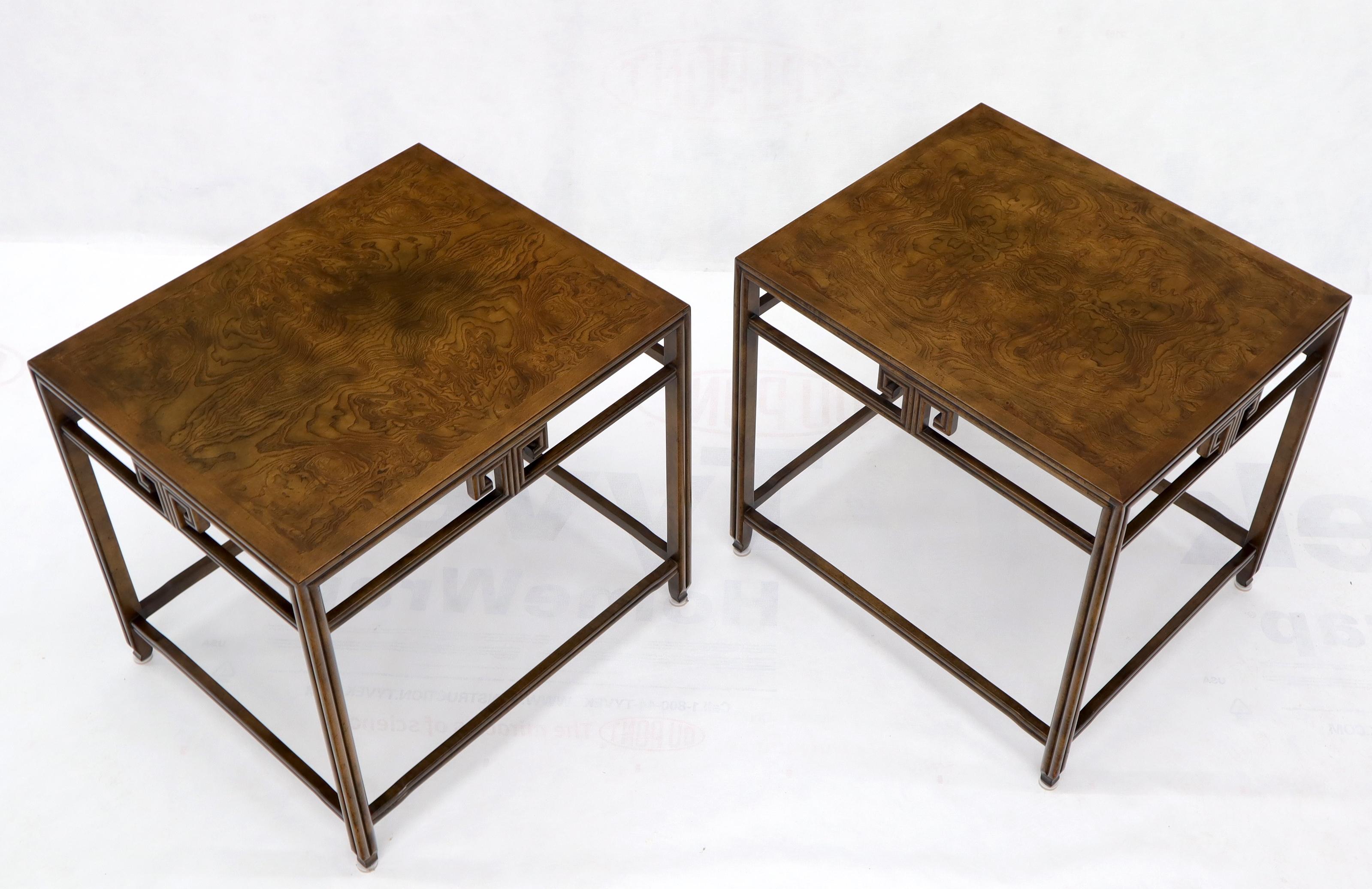 Lacquered Pair of Burl Wood Asian Influence Side End Tables Stands by Baker