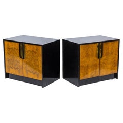 Pair of Burl Wood Black Lacquer Night Stands in the style of Milo Baughman, 1977