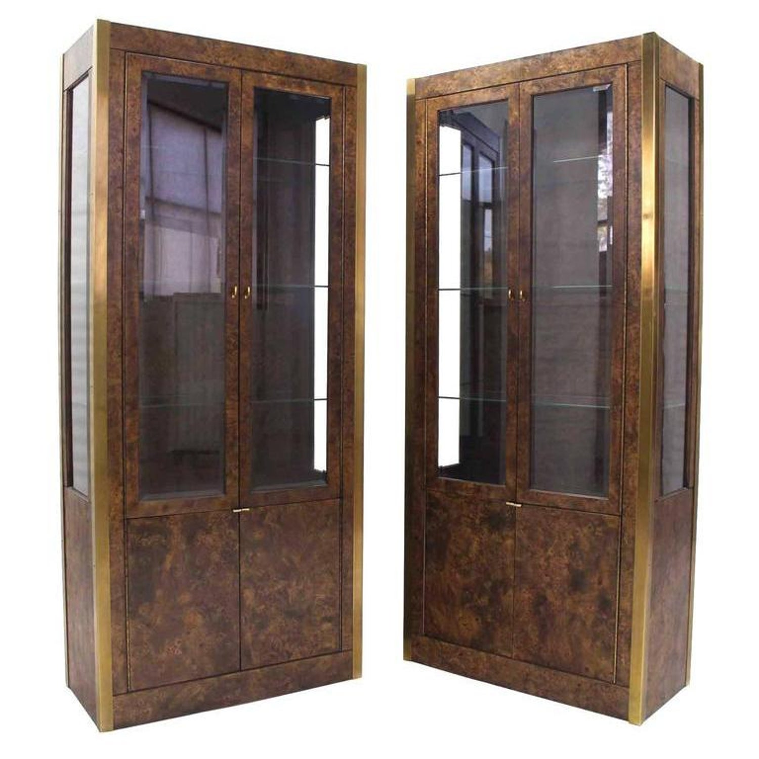 Pair Of Burl Wood Brass And Glass Showcase Curio Cabinets For