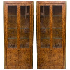Pair of Burl Wood, Brass and Glass Showcase Curio Cabinets