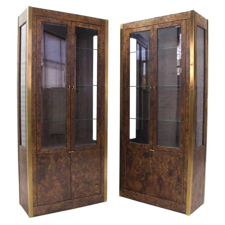 American Pair of Burl Wood, Brass and Glass Showcase Curio Cabinets For Sale