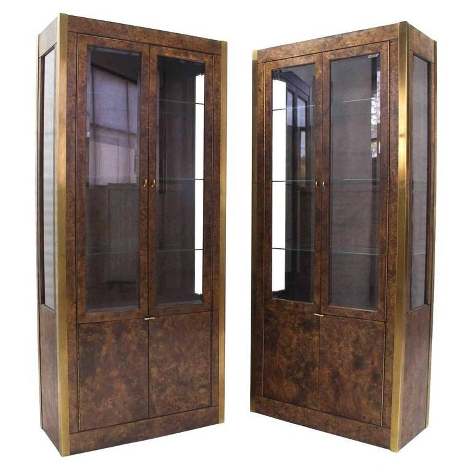 Pair Of Burl Wood Brass And Glass Showcase Curio Cabinets For Sale At 1stdibs