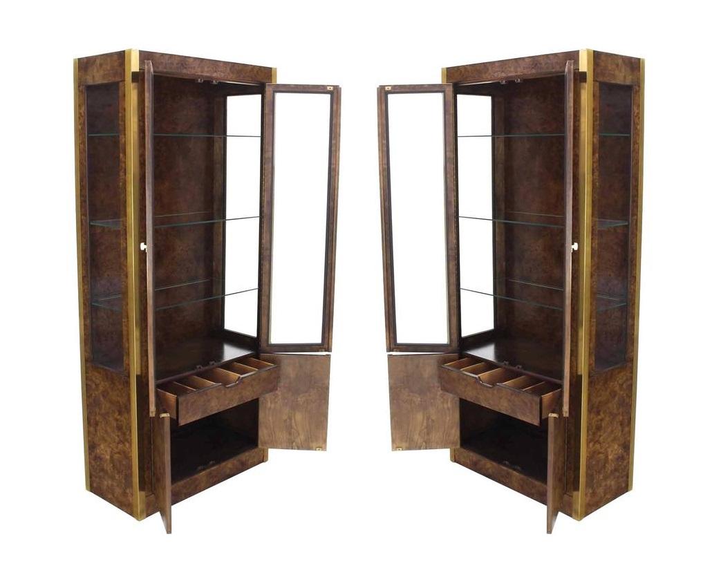 Pair of Burl Wood, Brass and Glass Showcase Curio Cabinets In Good Condition For Sale In Dallas, TX