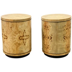 Pair of Burl Wood Cylinder Drum Tables, Henredon Scene Two, after Milo Baughman