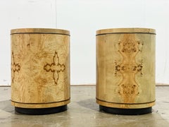 Pair of Burl Wood Cylinder Drum Tables, Henredon Scene Two, after Milo Baughman