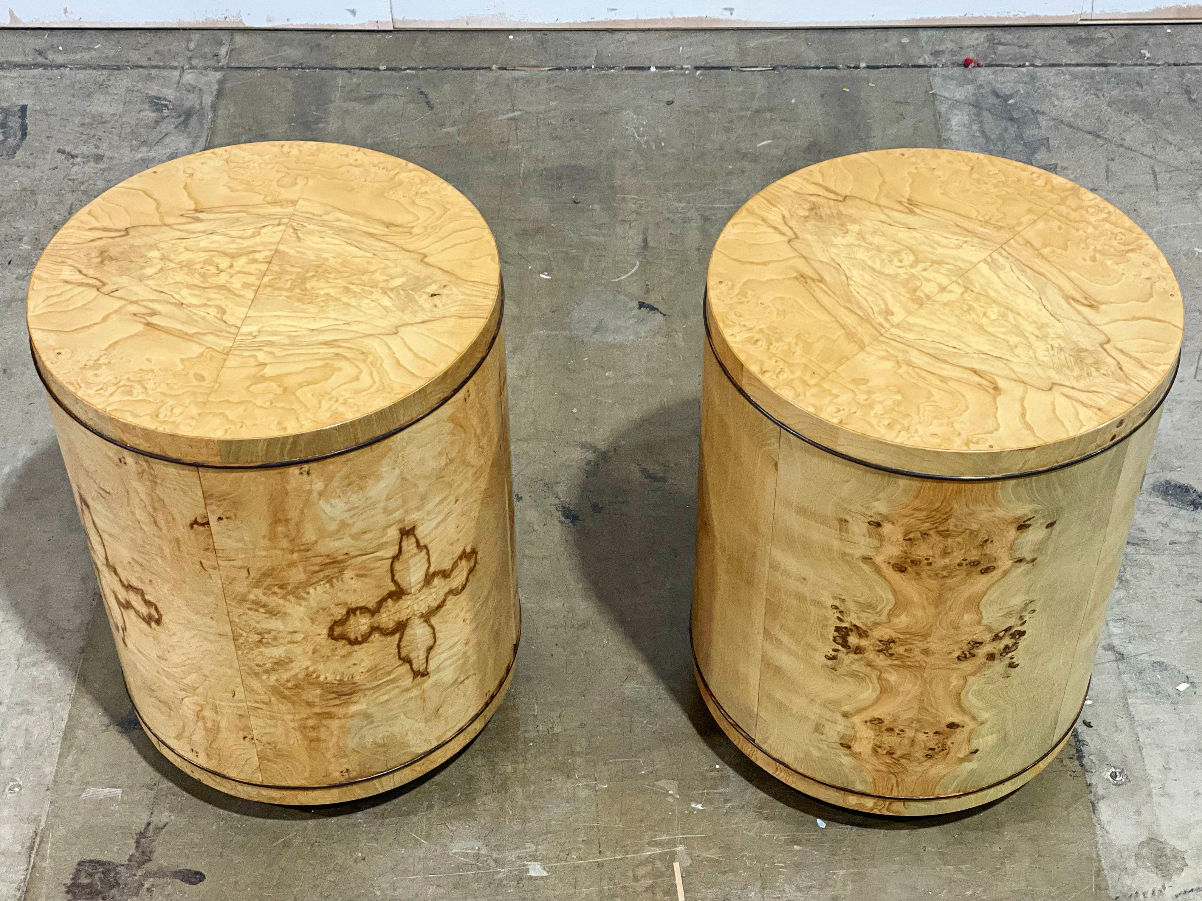 Organic Modern Pair of Burl Wood Cylinder Drum Tables, Henredon Scene Two, after Milo Baughman