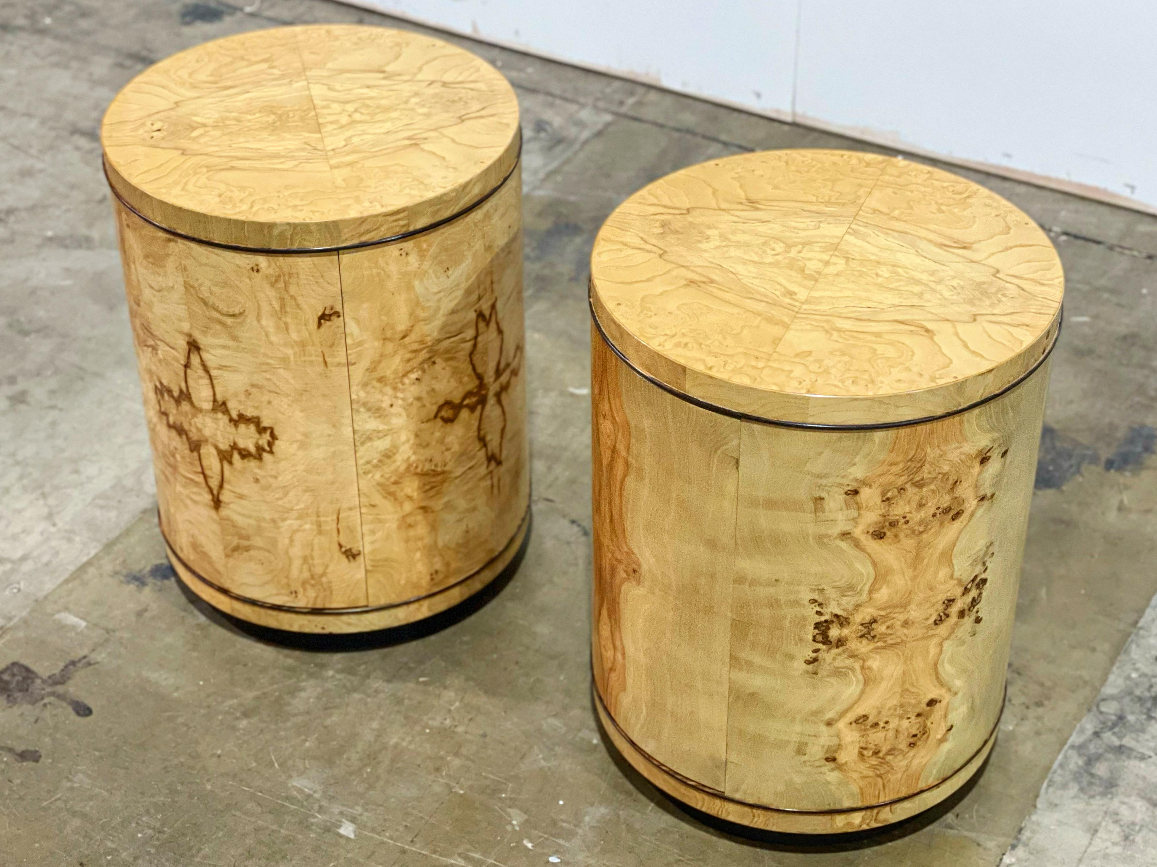 Late 20th Century Pair of Burl Wood Cylinder Drum Tables, Henredon Scene Two, after Milo Baughman