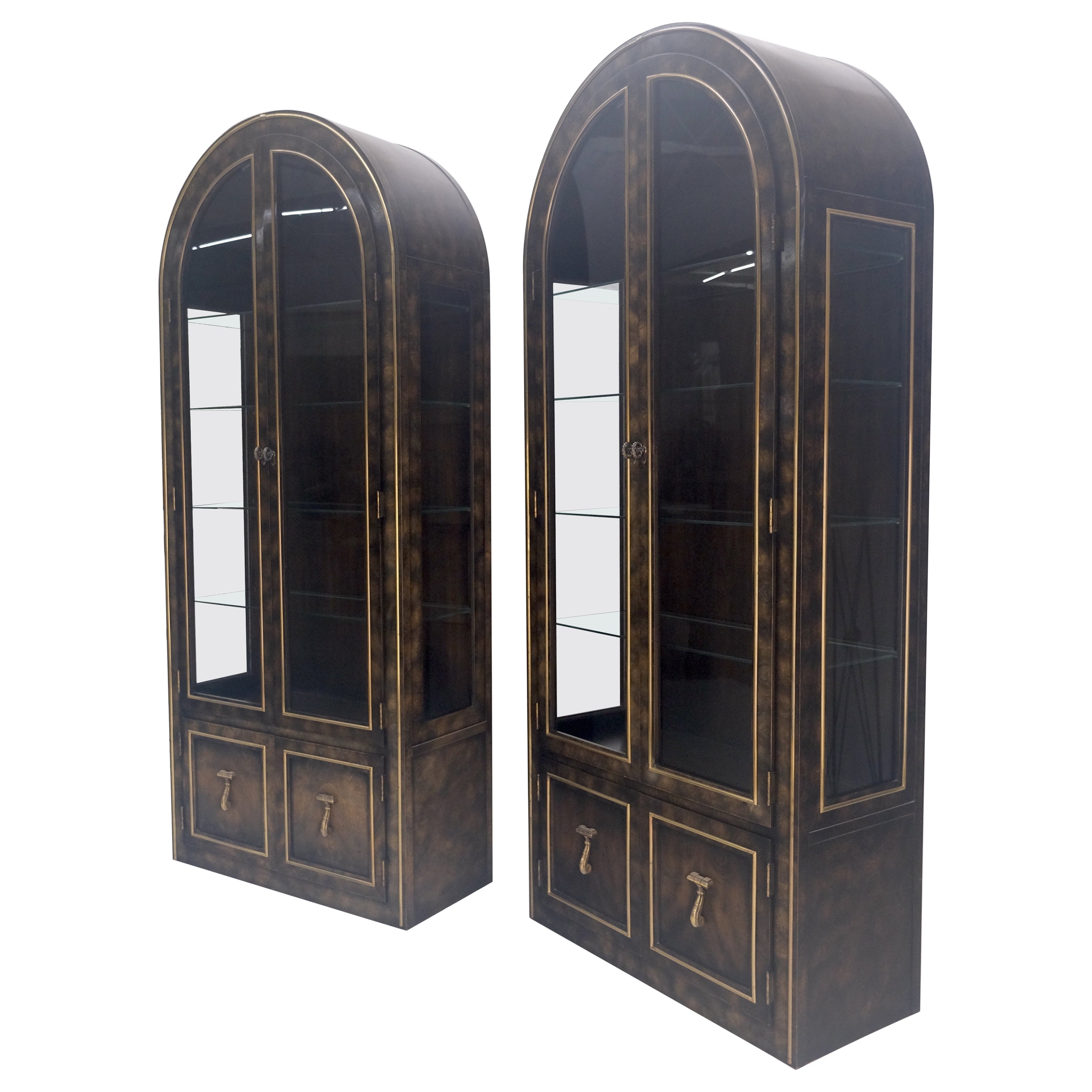 Pair of Burl Wood Dark Olive Green Dome Shape Vitrine Cabinets Mastercraft MINT