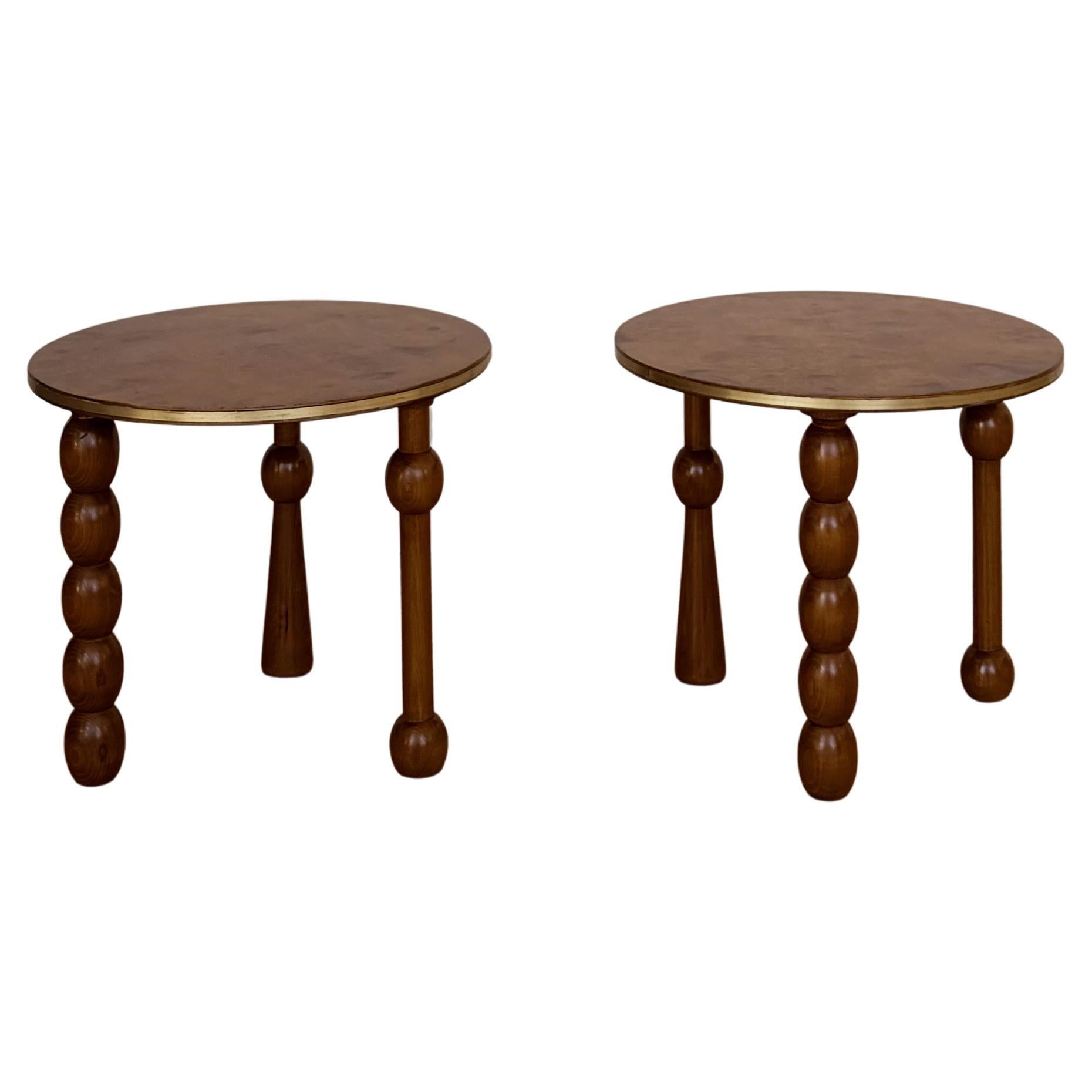 Pair of Burl Wood Drinks Tables with Turned Legs and Brass Bound Tops