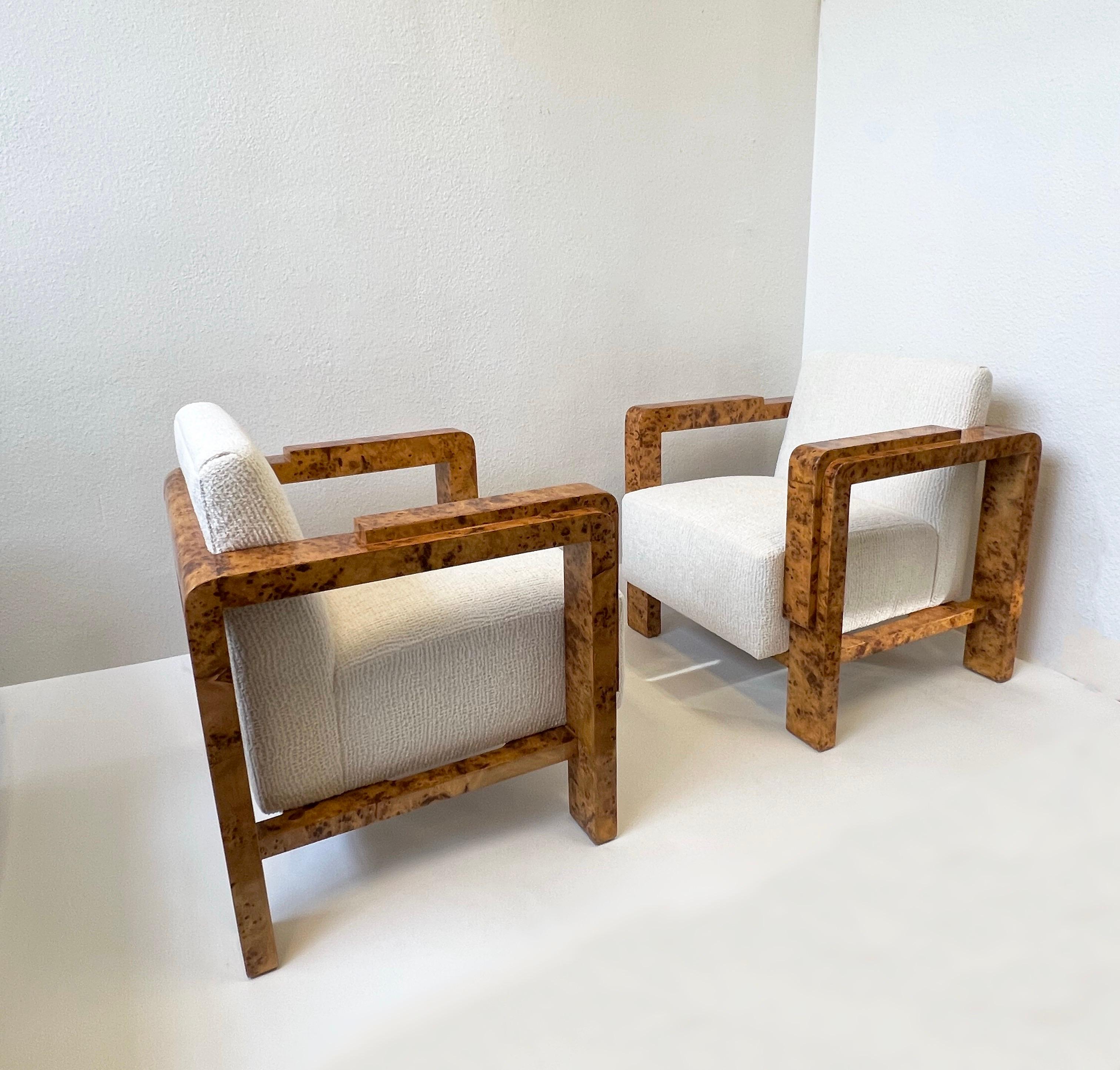 Modern Pair of Burl Wood Lounge Chairs