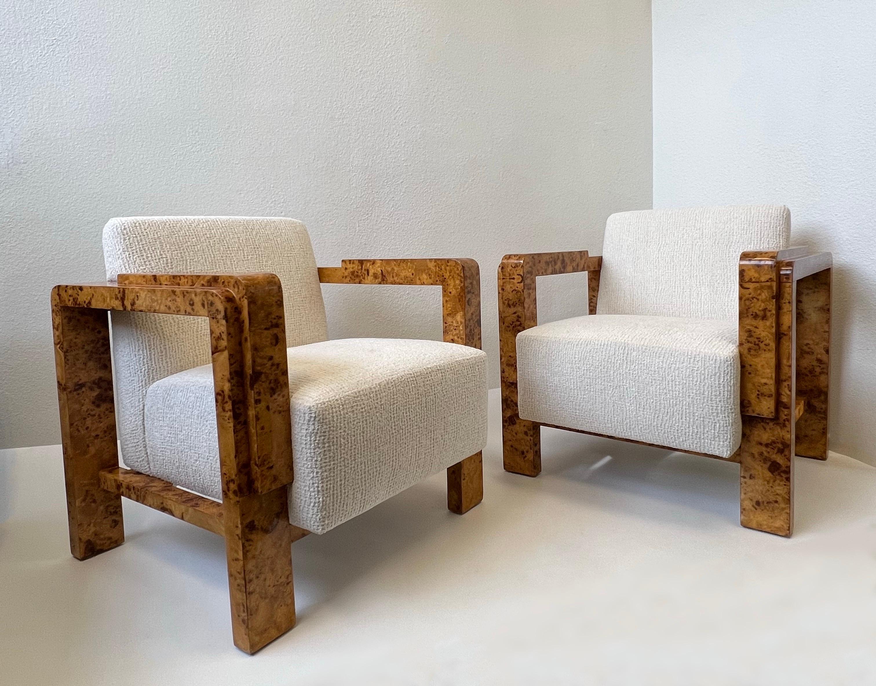 American Pair of Burl Wood Lounge Chairs