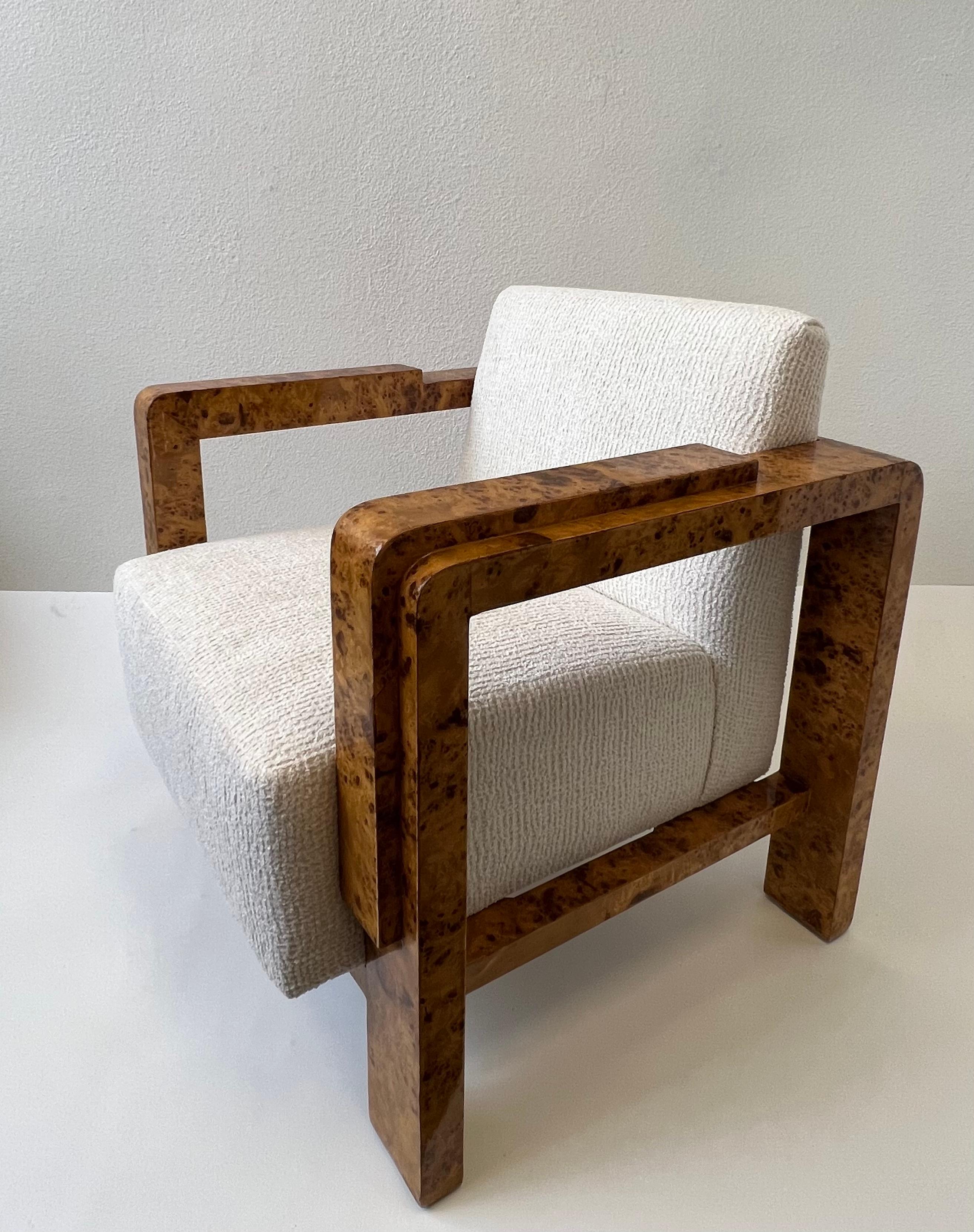 Fabric Pair of Burl Wood Lounge Chairs