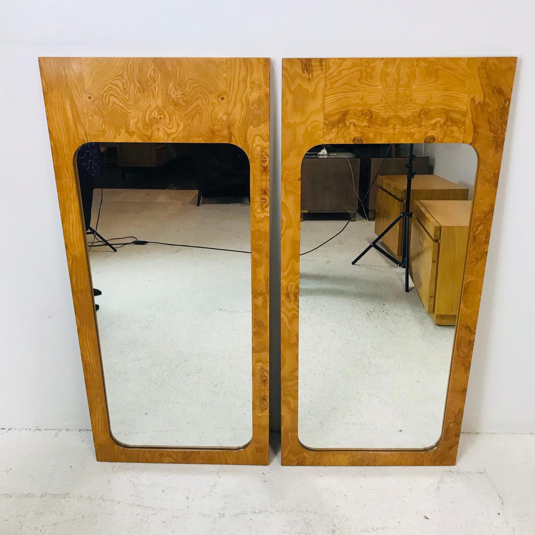 Pair of vintage Lane mid-century burl wood rectangular mirrors. Beautiful wood grain, clean modernist lines.